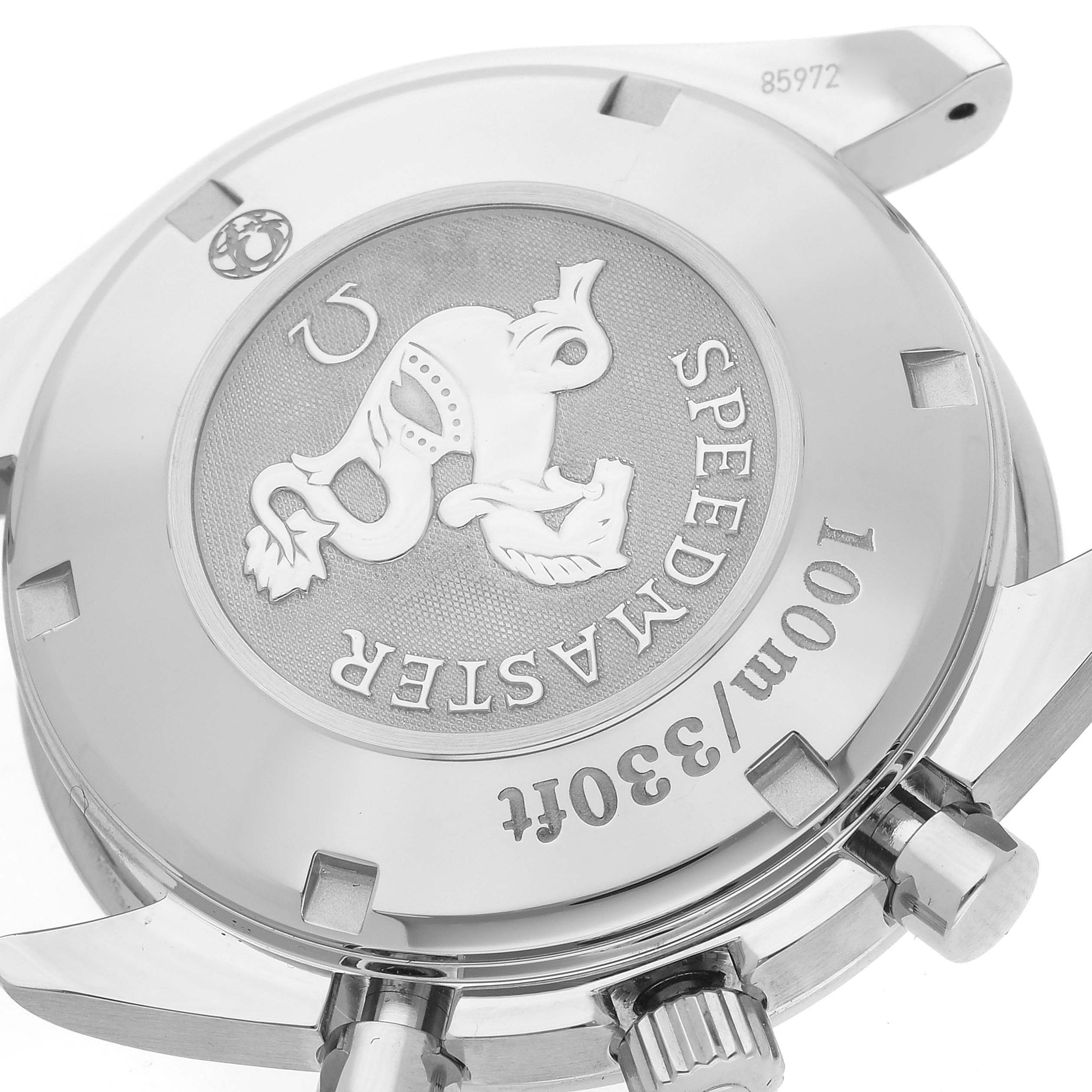 The image shows the case back of an Omega Speedmaster 323.30.40.40.06.001 Men's Stainless Steel Grey Dial 323.30.40.40.06.001 Men's Stainless Steel Grey Dial watch, highlighting the logo and water resistance markings.