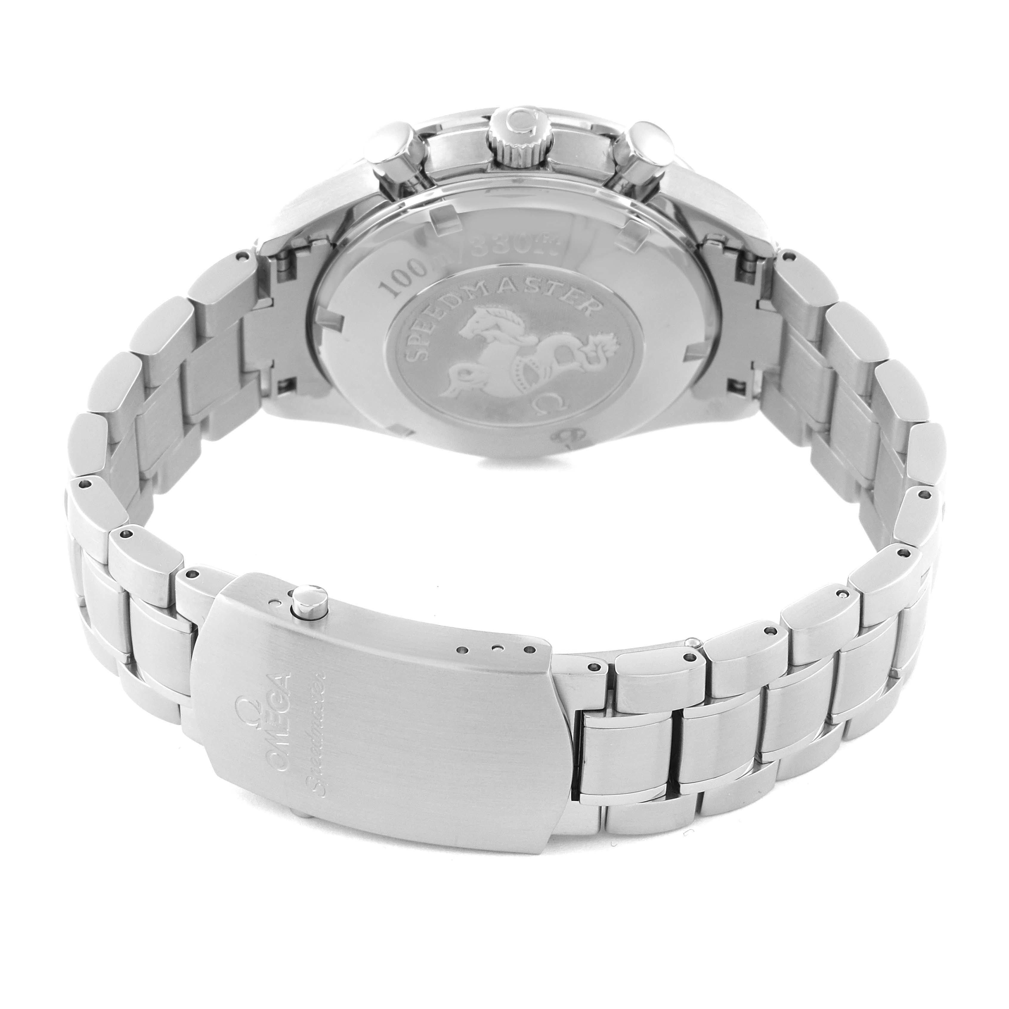 The image shows the back case and bracelet of the Omega Speedmaster 323.30.40.40.06.001 Men's Stainless Steel Grey Dial 323.30.40.40.06.001 Men's Stainless Steel Grey Dial, highlighting the clasp and the engraved back.