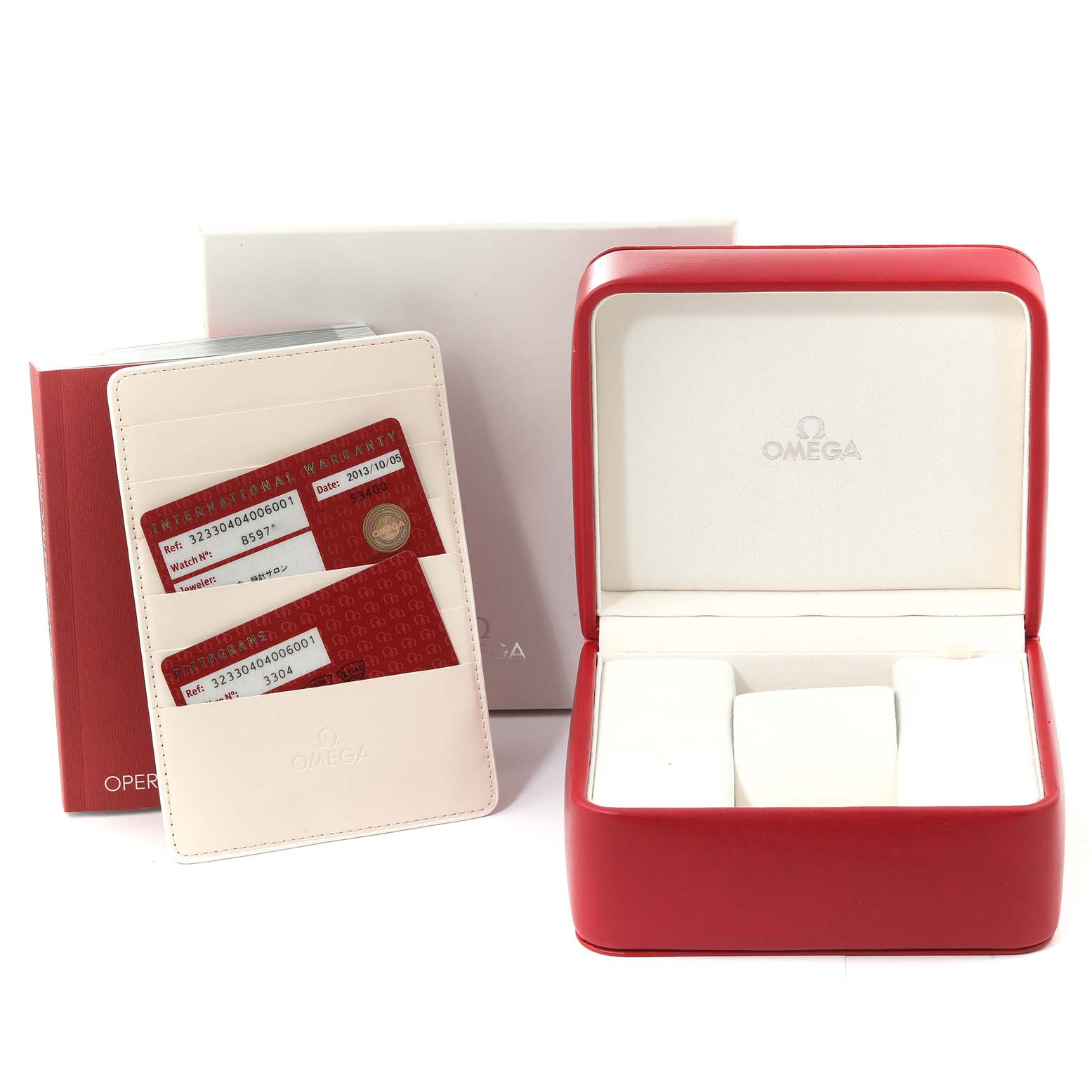 The image shows the box and warranty cards for an Omega Speedmaster 323.30.40.40.06.001 Men's Stainless Steel Grey Dial 323.30.40.40.06.001 Men's Stainless Steel Grey Dial, including the red case and cardholder.