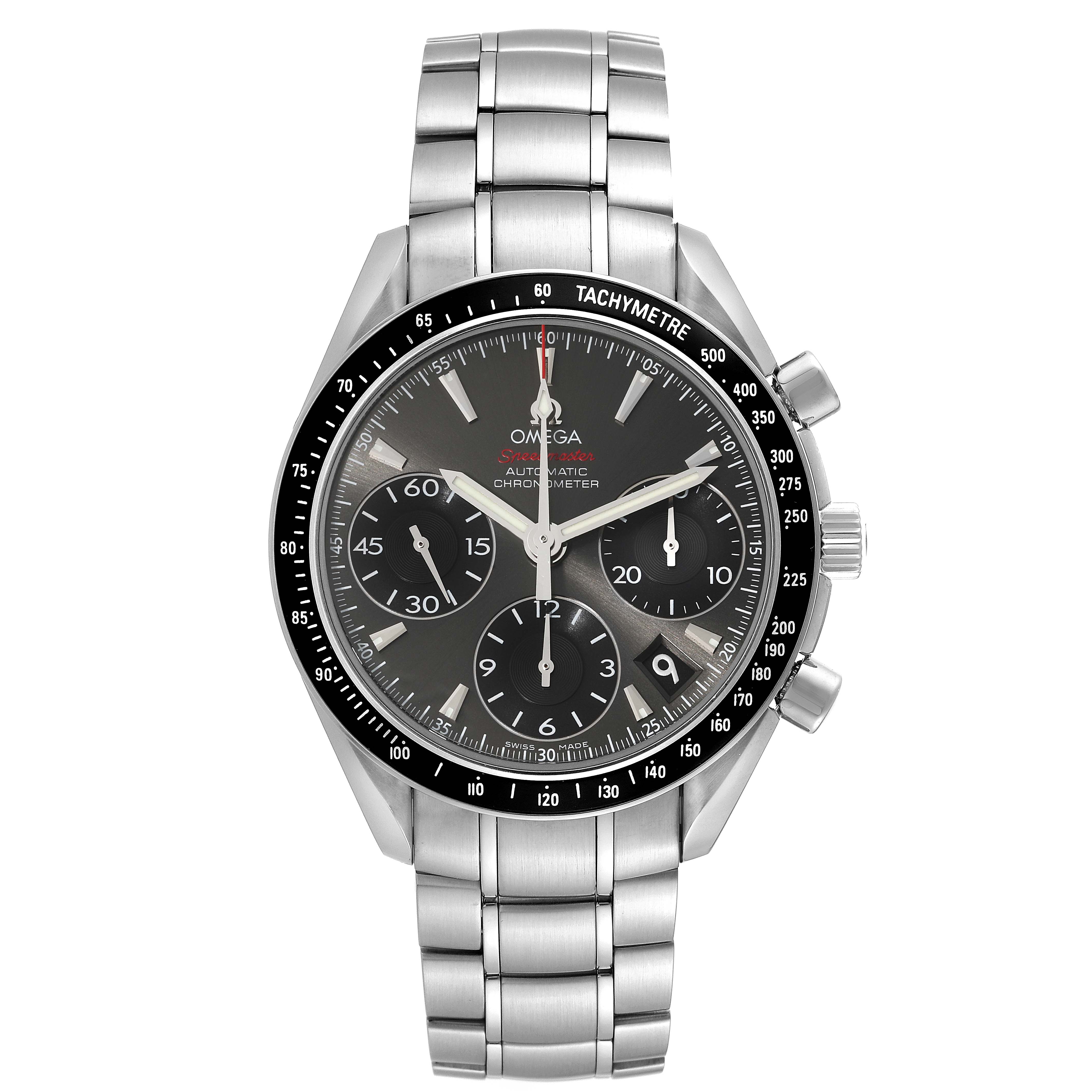 The image shows a frontal view of an Omega Speedmaster 323.30.40.40.06.001 Men's Stainless Steel Grey Dial 323.30.40.40.06.001 Men's Stainless Steel Grey Dial watch, displaying its dial, chronograph features, and metal bracelet.