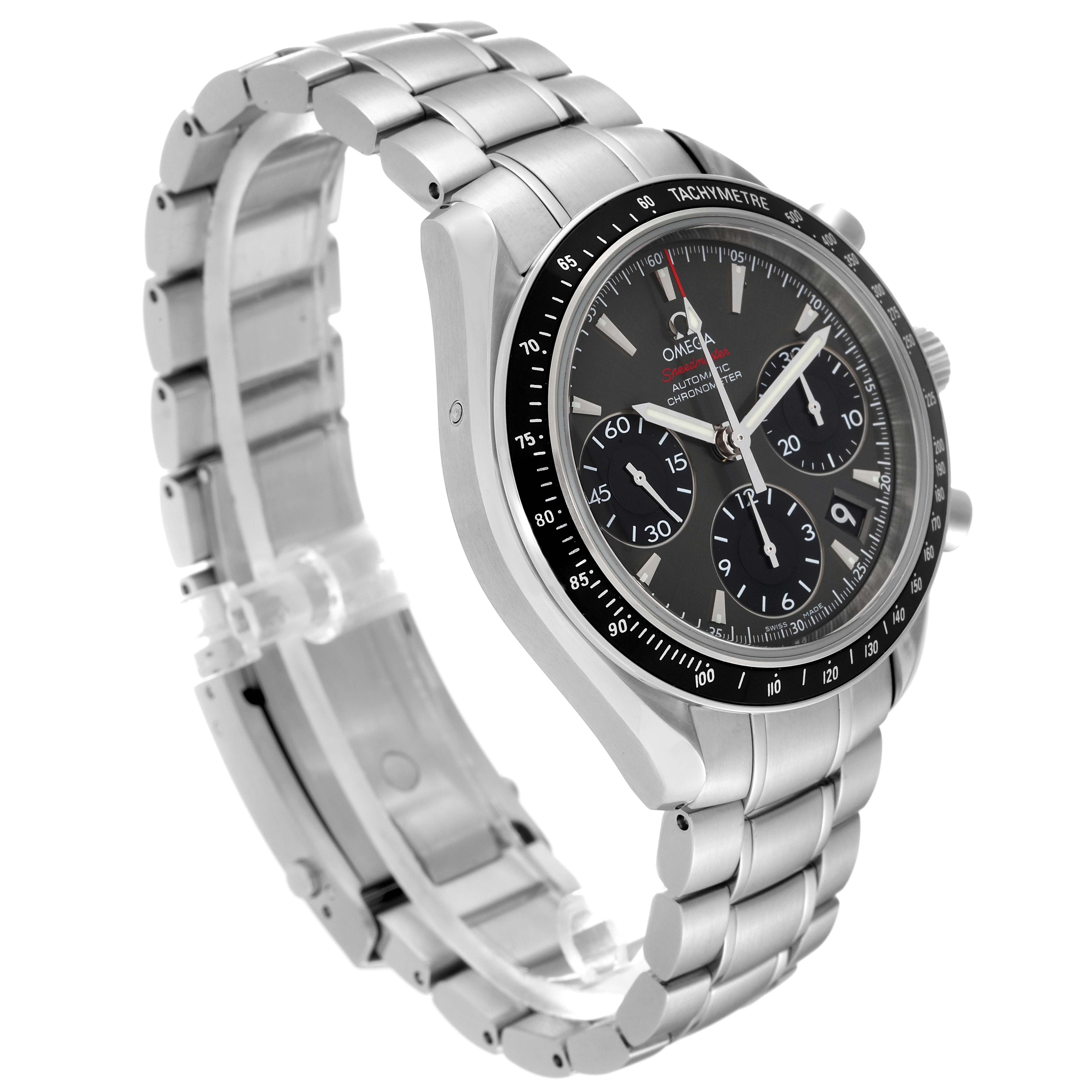 The image shows an Omega Speedmaster 323.30.40.40.06.001 Men's Stainless Steel Grey Dial 323.30.40.40.06.001 Men's Stainless Steel Grey Dial watch at a three-quarter angle, highlighting its face and stainless steel bracelet.