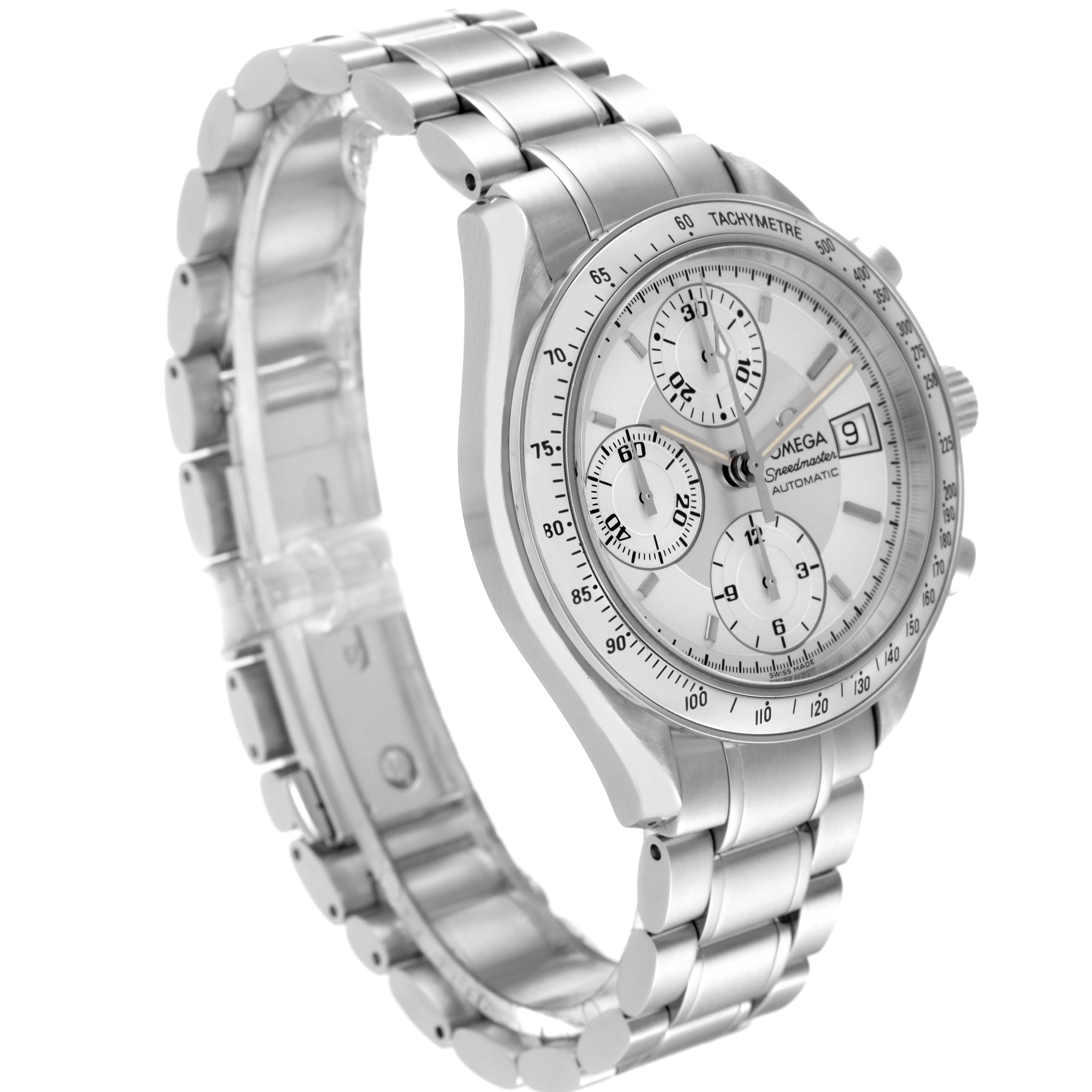 The Omega Speedmaster 3513.30.00 Men's Stainless Steel Silver Dial 3513.30.00 Men's Stainless Steel Silver Dial watch is shown at an angled side view, displaying the dial, bracelet, and tachymeter bezel.
