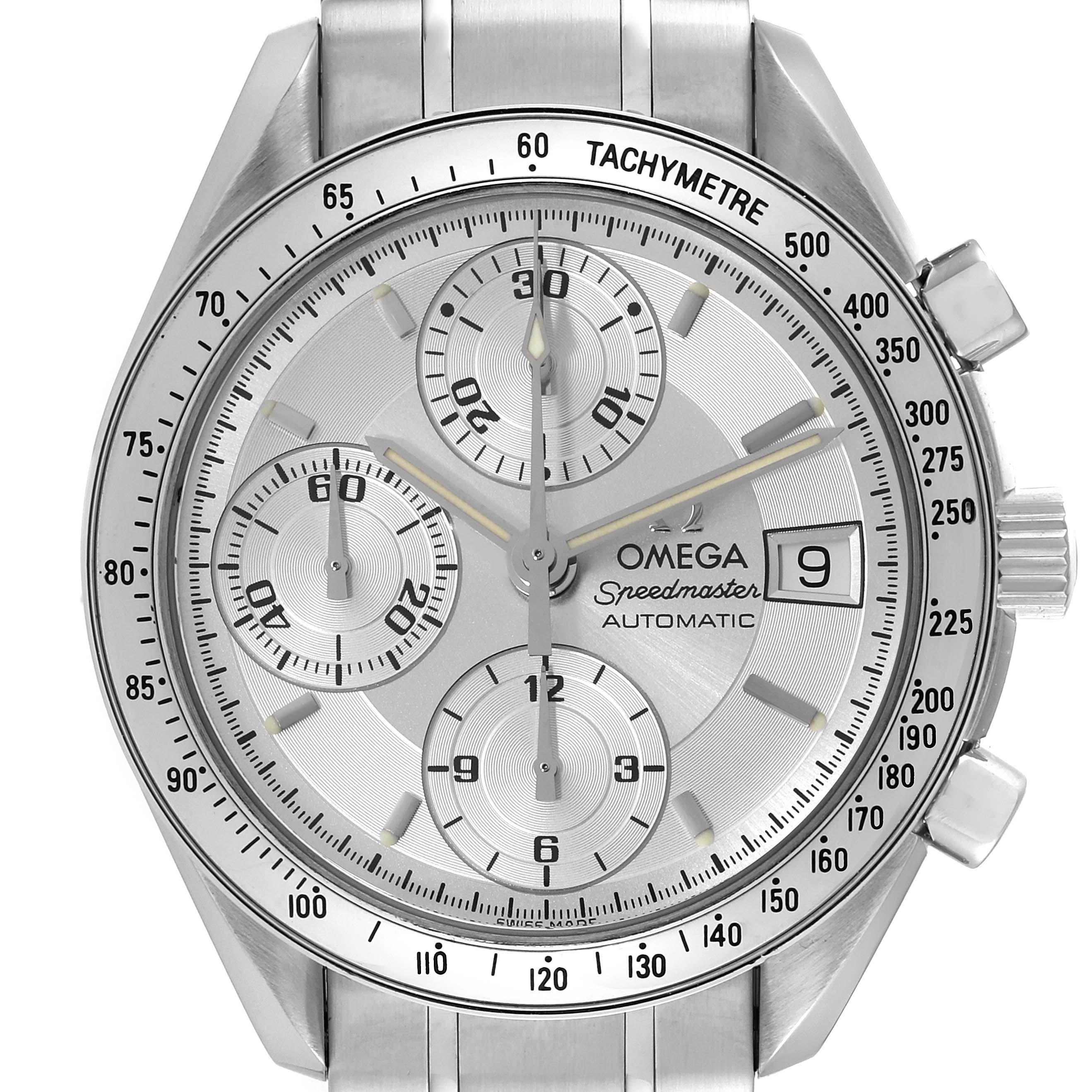 This image shows a frontal view of the Omega Speedmaster 3513.30.00 Men's Stainless Steel Silver Dial 3513.30.00 Men's Stainless Steel Silver Dial watch, highlighting the dial, subdials, tachymeter bezel, and crown.