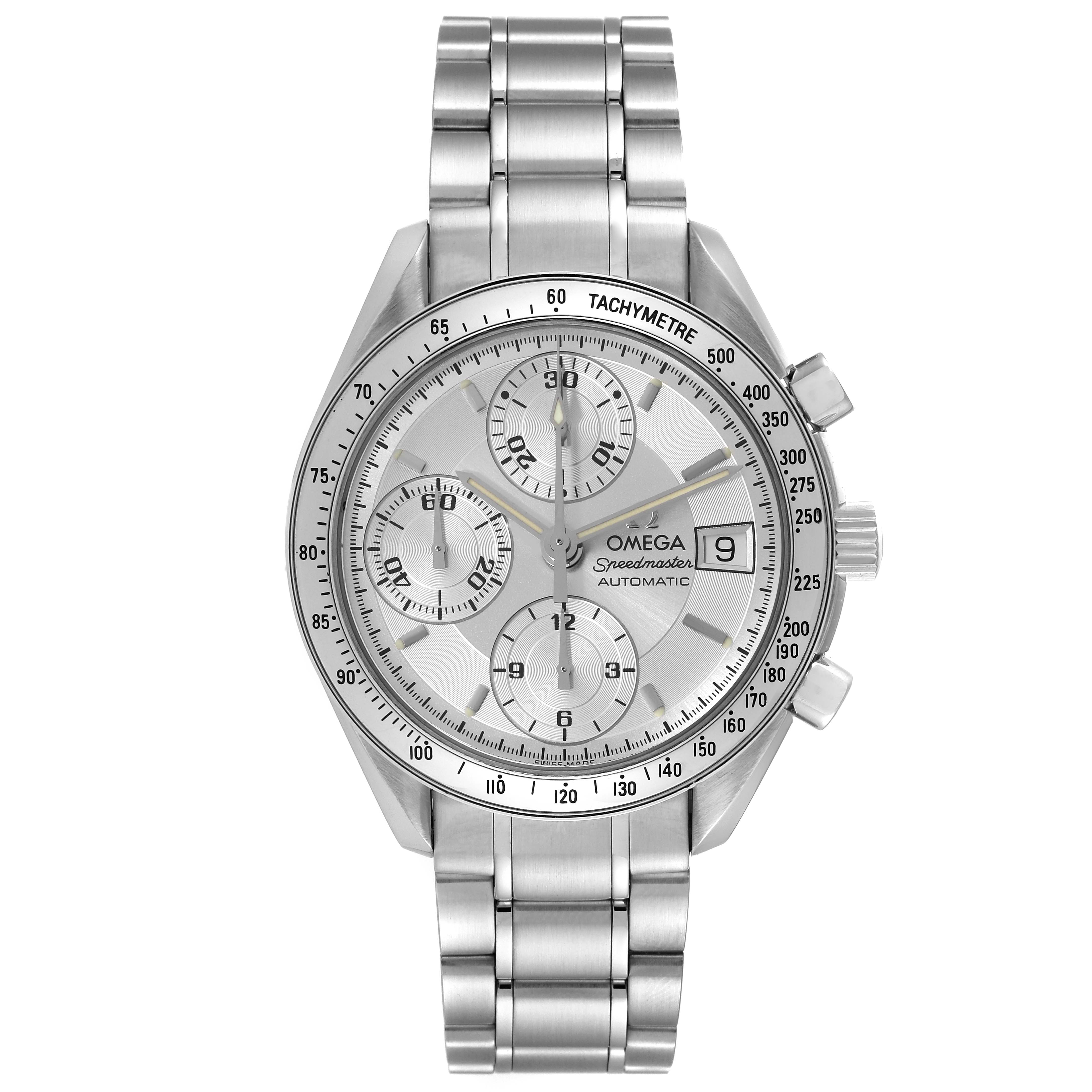 The Omega Speedmaster 3513.30.00 Men's Stainless Steel Silver Dial 3513.30.00 Men's Stainless Steel Silver Dial watch is shown in a front view, displaying the dial, chronograph sub-dials, and steel bracelet.