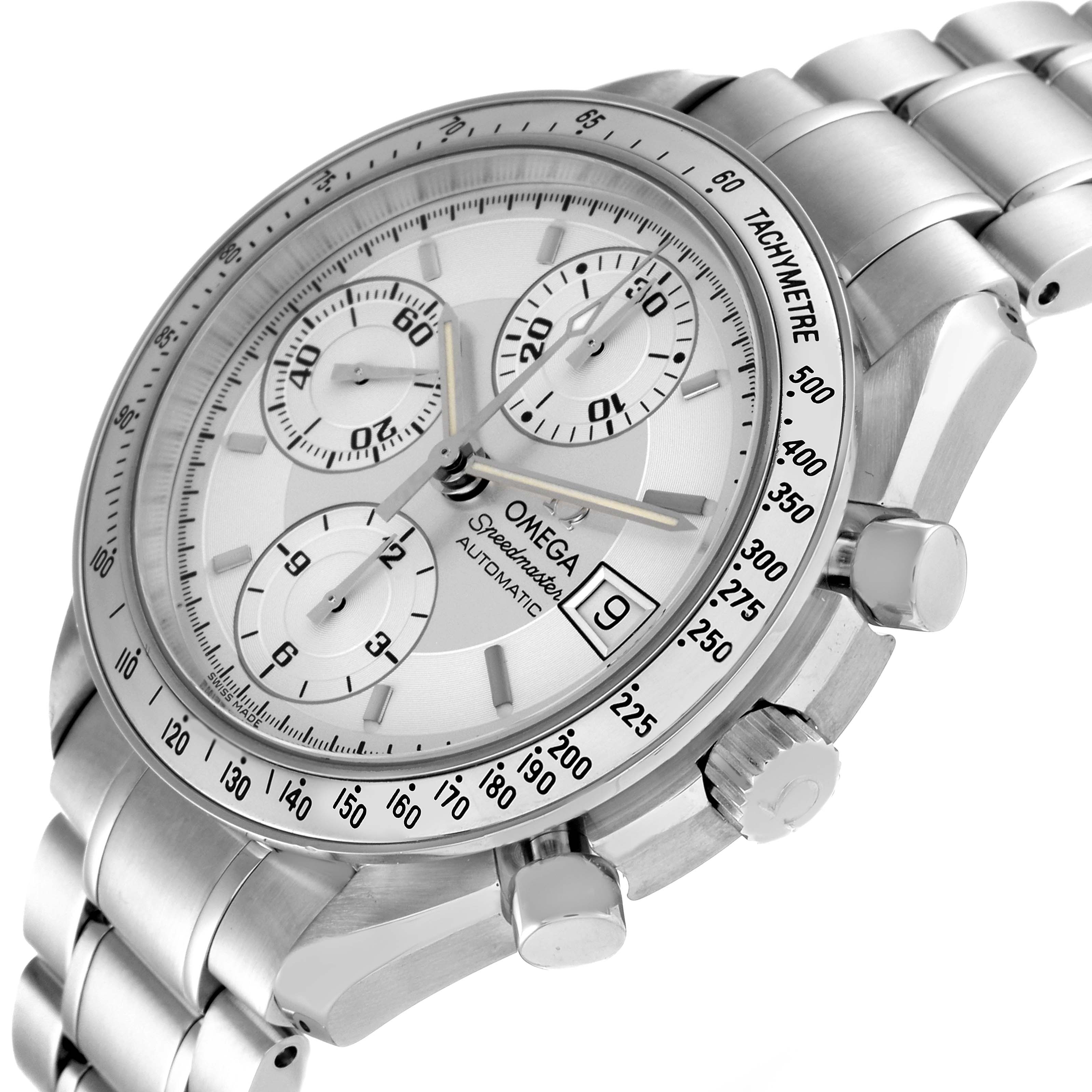 This image shows an angled view of the Omega Speedmaster 3513.30.00 Men's Stainless Steel Silver Dial 3513.30.00 Men's Stainless Steel Silver Dial watch displaying its face, tachymeter, sub-dials, and part of the bracelet.
