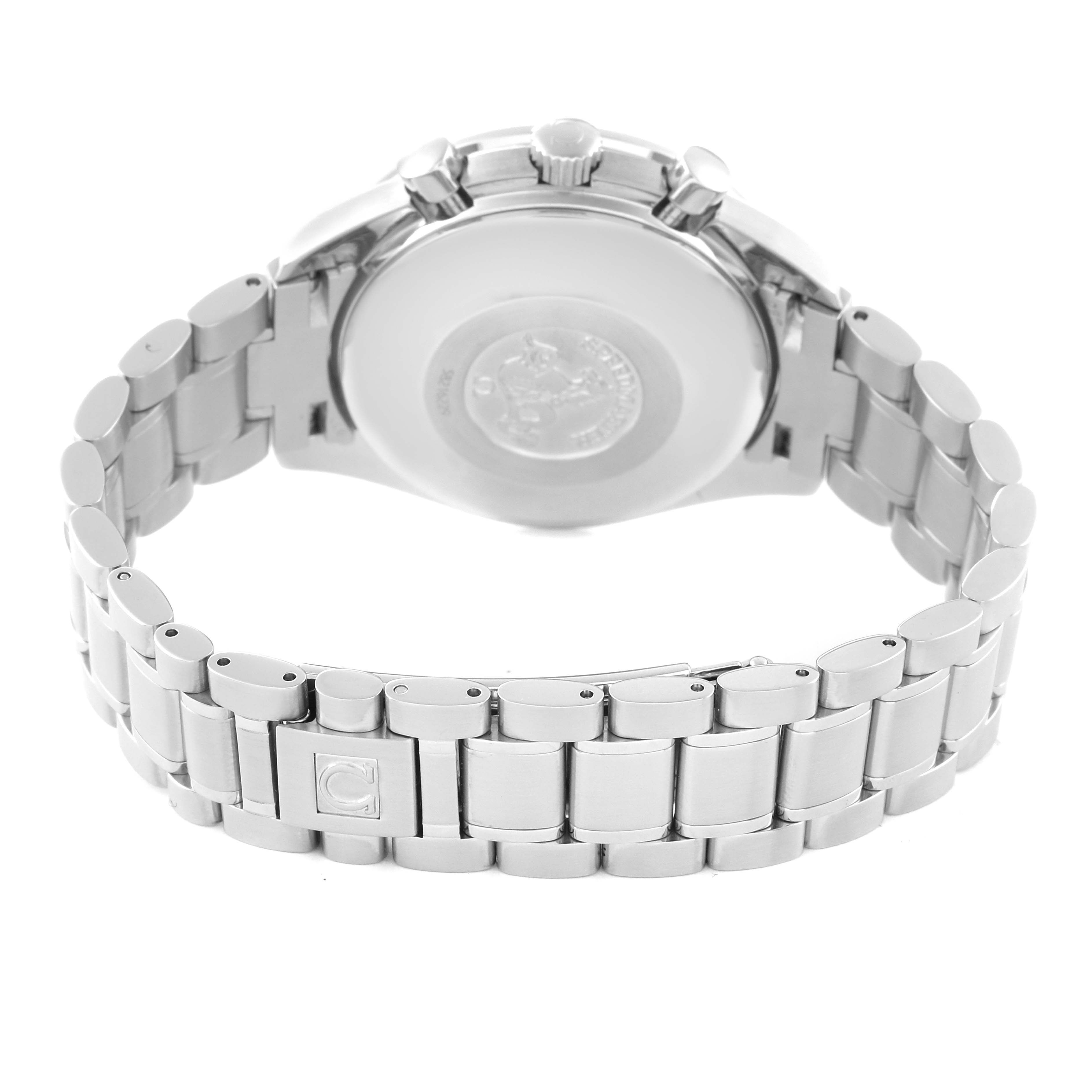 The image shows the back view of an Omega Speedmaster 3513.30.00 Men's Stainless Steel Silver Dial 3513.30.00 Men's Stainless Steel Silver Dial watch, highlighting its stainless steel bracelet and clasp.