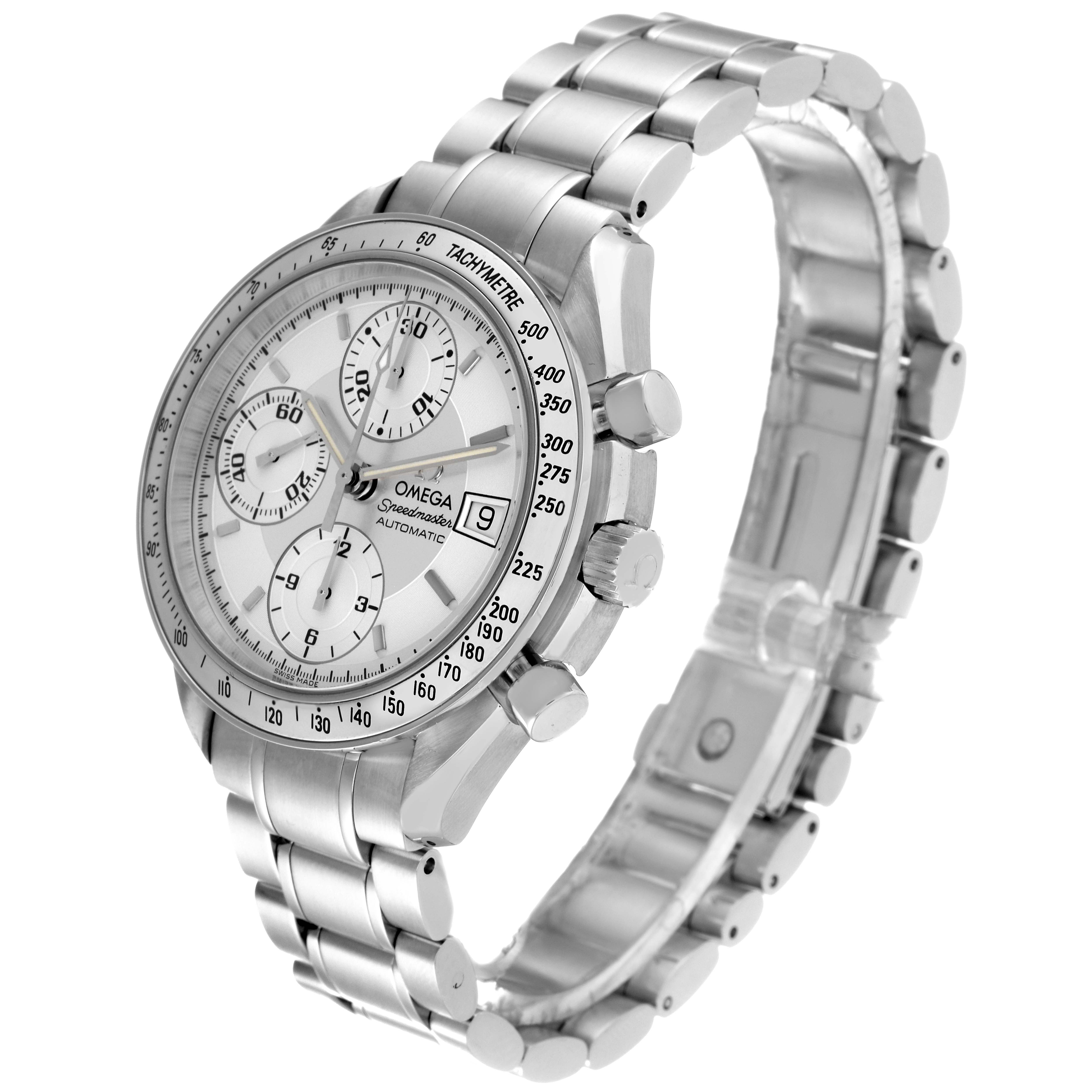 The Omega Speedmaster 3513.30.00 Men's Stainless Steel Silver Dial 3513.30.00 Men's Stainless Steel Silver Dial watch is shown at a three-quarter angle, highlighting its dial, tachymeter, and stainless steel bracelet.