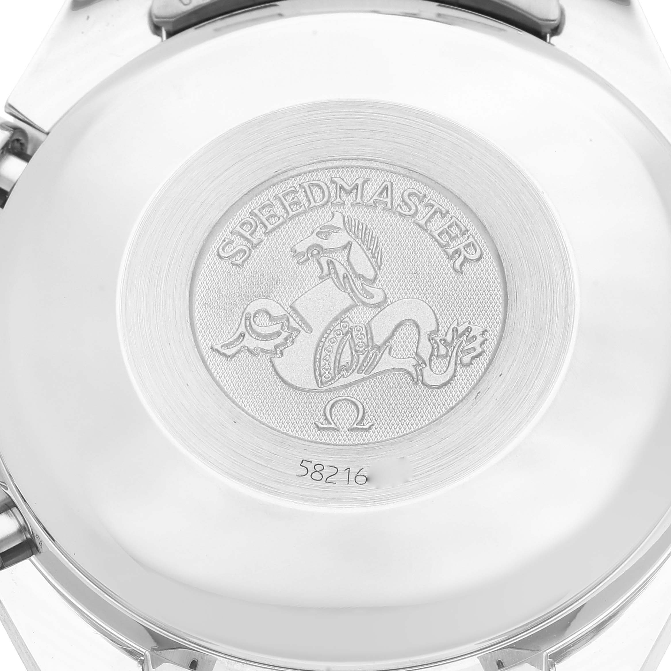 The image shows the back case of an Omega Speedmaster 3513.30.00 Men's Stainless Steel Silver Dial 3513.30.00 Men's Stainless Steel Silver Dial watch, featuring the engraved Speedmaster logo and serial number.