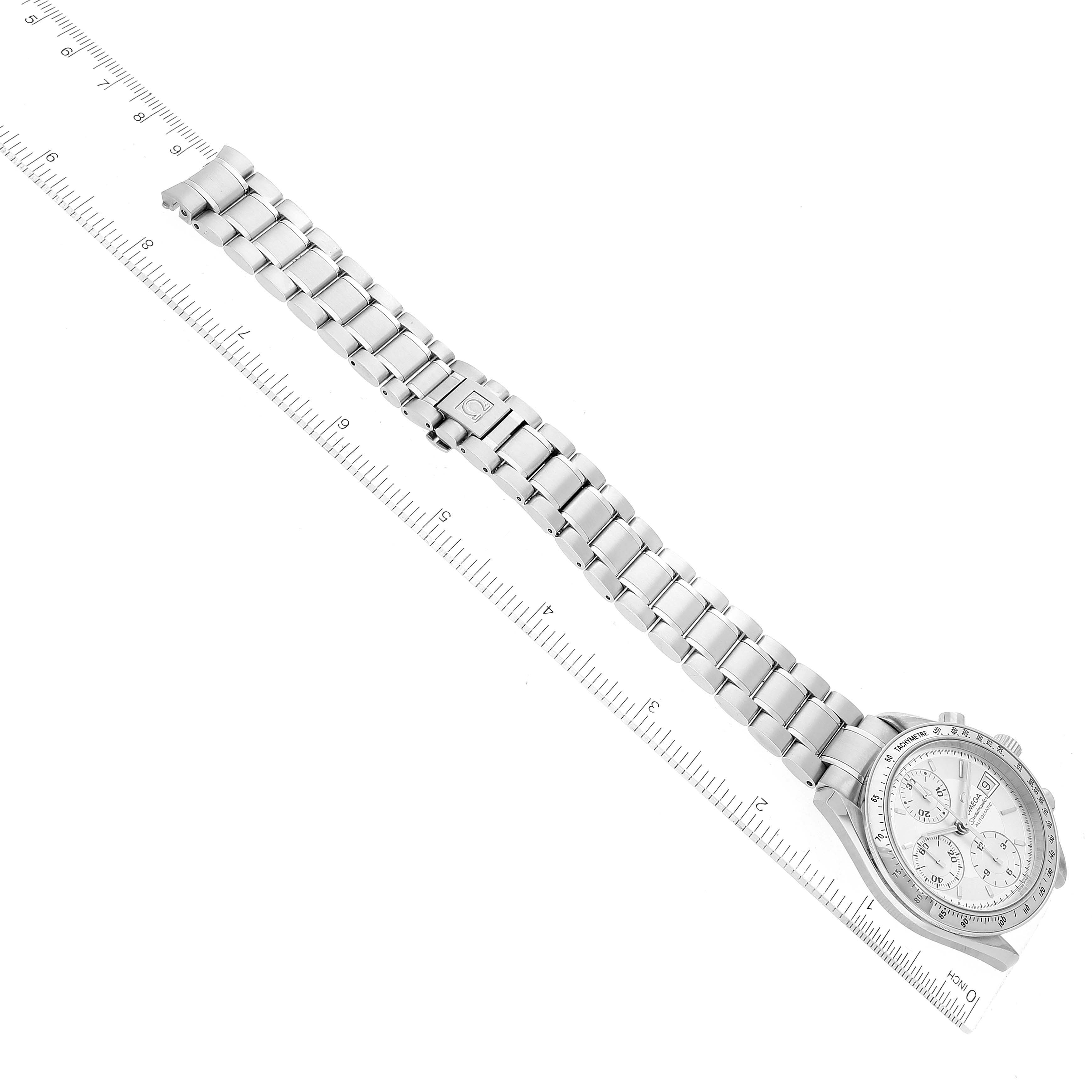 The image shows an Omega Speedmaster 3513.30.00 Men's Stainless Steel Silver Dial 3513.30.00 Men's Stainless Steel Silver Dial watch laid flat, showcasing its bracelet, clasp, and face from an aerial view.