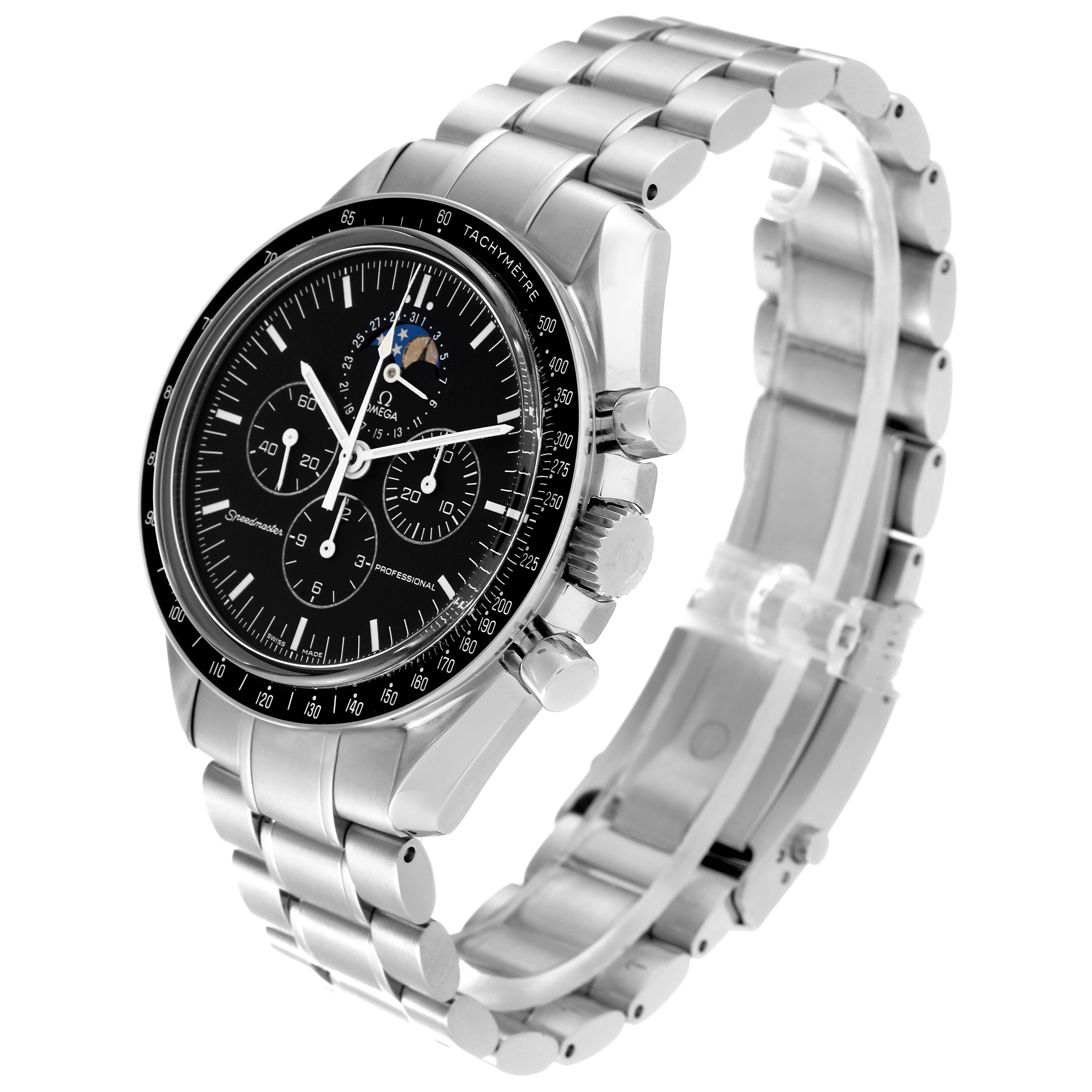 The image shows an angled view of the Omega Speedmaster 3576.50.00 Men
s Stainless Steel Black Dial 3576.50.00 Men
s Stainless Steel Black Dial watch, highlighting its face, bezel, pushers, crown, and stainless steel bracelet.