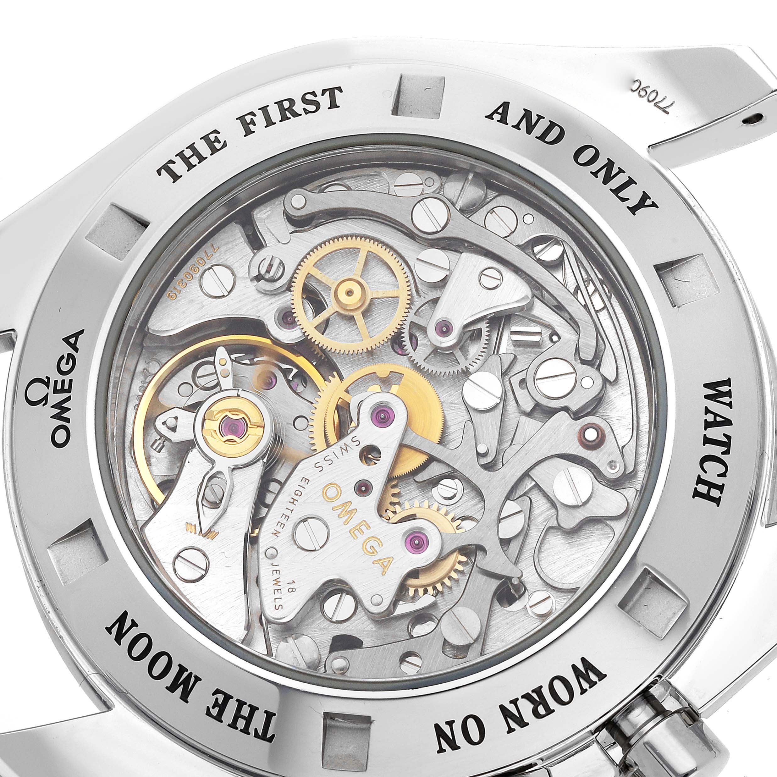 The image displays the case back and intricate mechanisms of the Omega Speedmaster 3576.50.00 Men
s Stainless Steel Black Dial 3576.50.00 Men
s Stainless Steel Black Dial watch, showcasing its gears and movement.