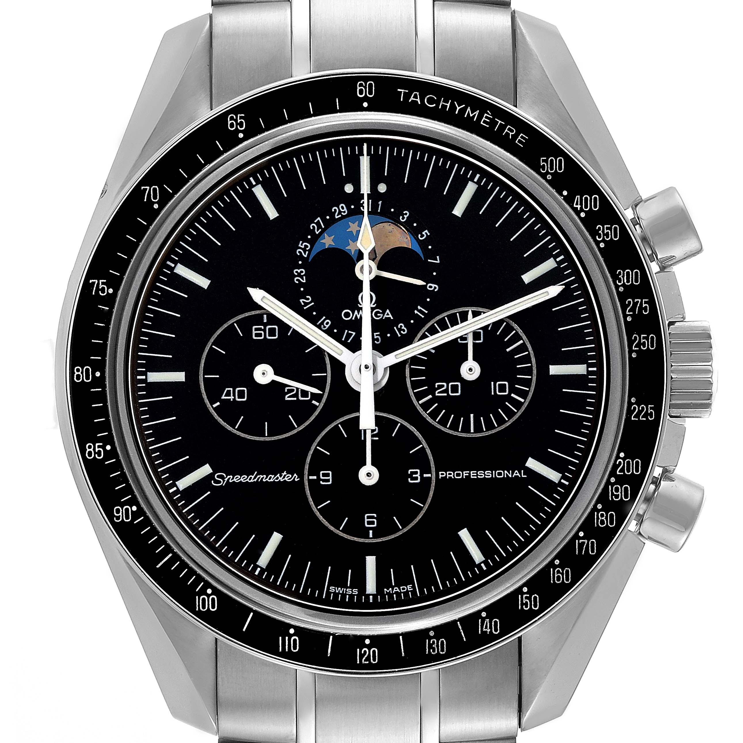 This is a frontal view of the Omega Speedmaster 3576.50.00 Men
s Stainless Steel Black Dial 3576.50.00 Men
s Stainless Steel Black Dial watch, showing the dial, subdials, tachymeter bezel, and pushers.