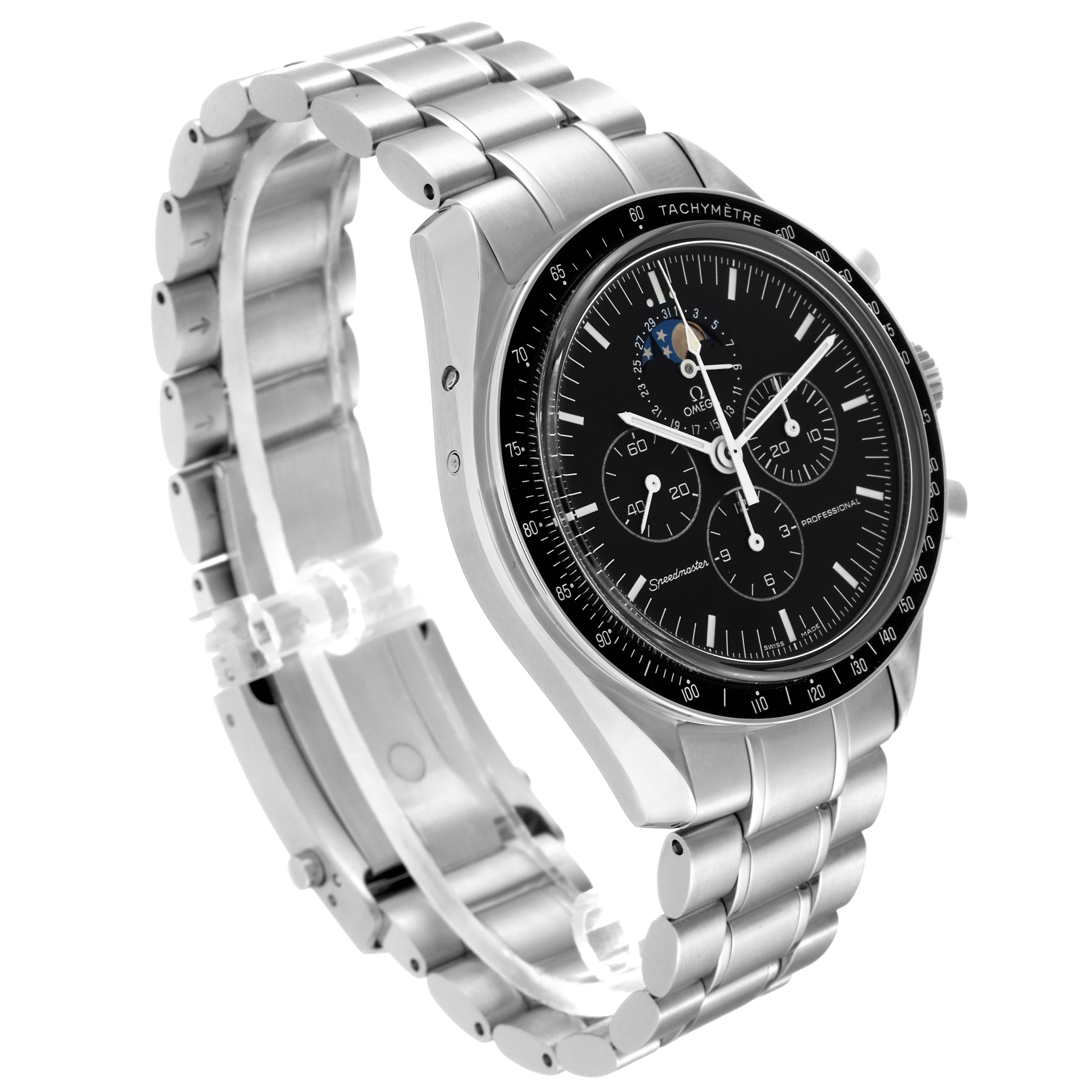 The Omega Speedmaster 3576.50.00 Men
s Stainless Steel Black Dial 3576.50.00 Men
s Stainless Steel Black Dial watch is shown from an angled side view displaying the face, bezel, crown, pushers, and metal bracelet.