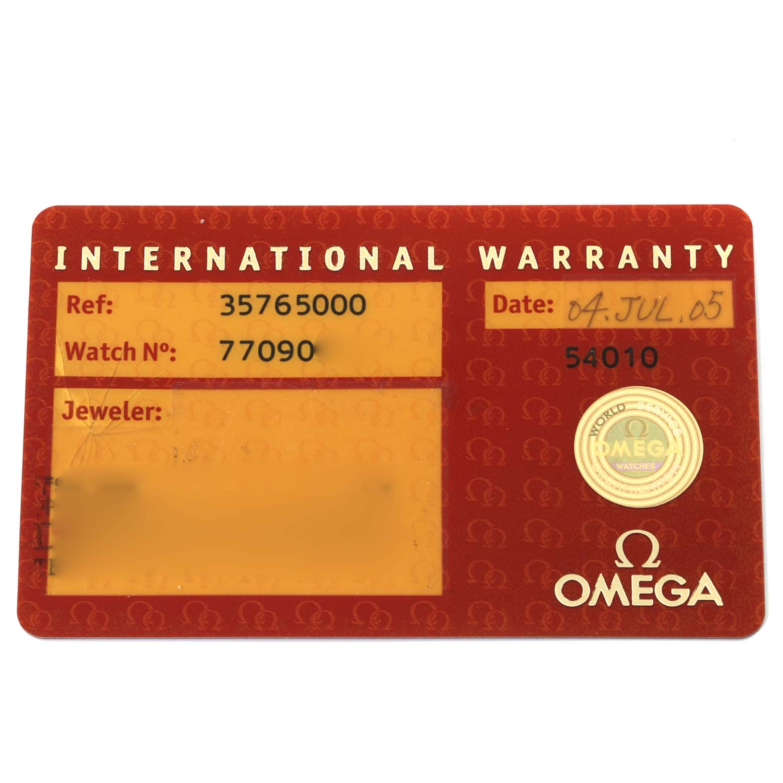 The image shows the front of an Omega international warranty card for the Speedmaster model.