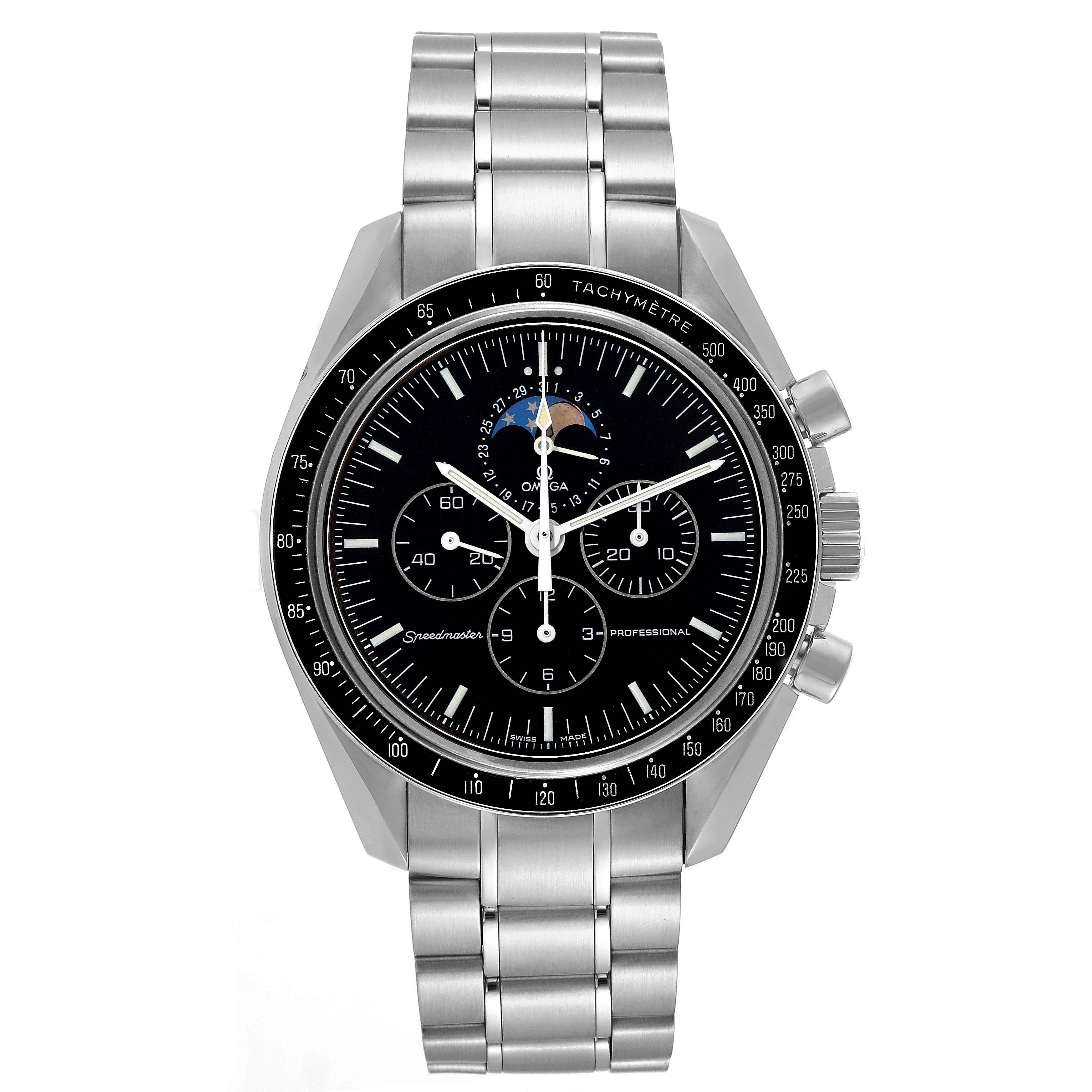 The image shows a front view of the Omega Speedmaster 3576.50.00 Men
s Stainless Steel Black Dial 3576.50.00 Men
s Stainless Steel Black Dial watch with its face, bezel, and bracelet clearly visible.