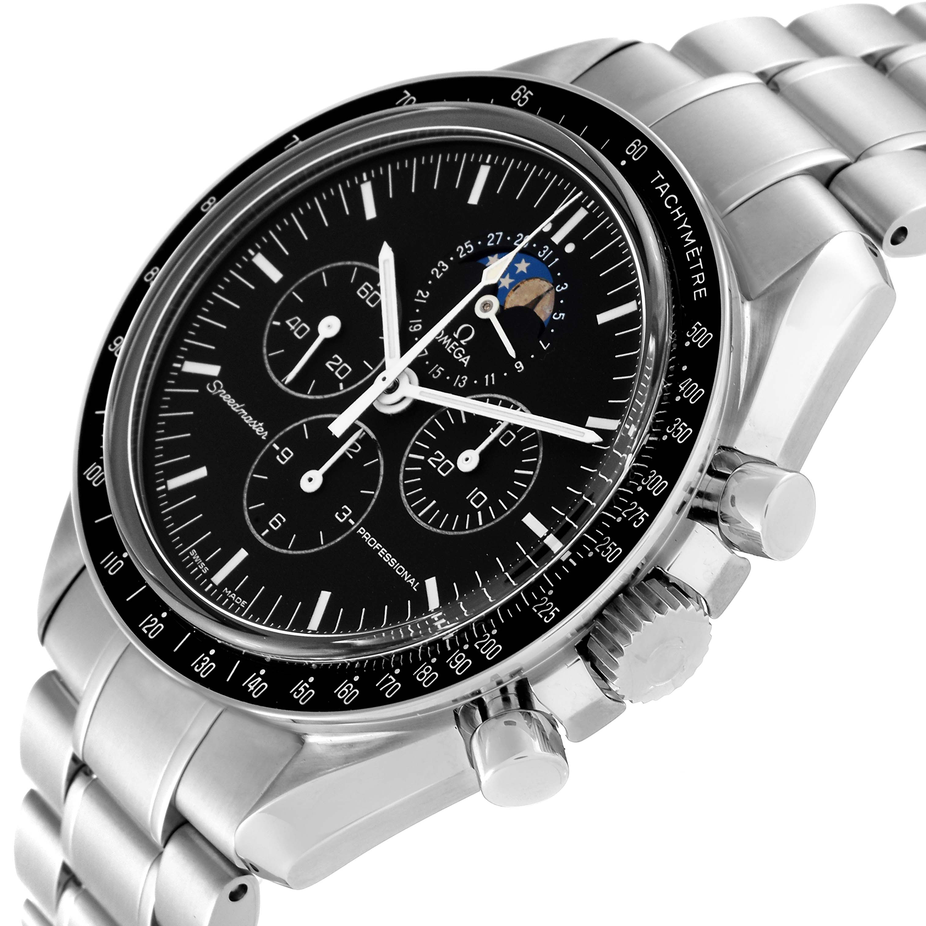 The image shows an angled view of the Omega Speedmaster 3576.50.00 Men
s Stainless Steel Black Dial 3576.50.00 Men
s Stainless Steel Black Dial watch, highlighting its dial, chronograph subdials, and band.