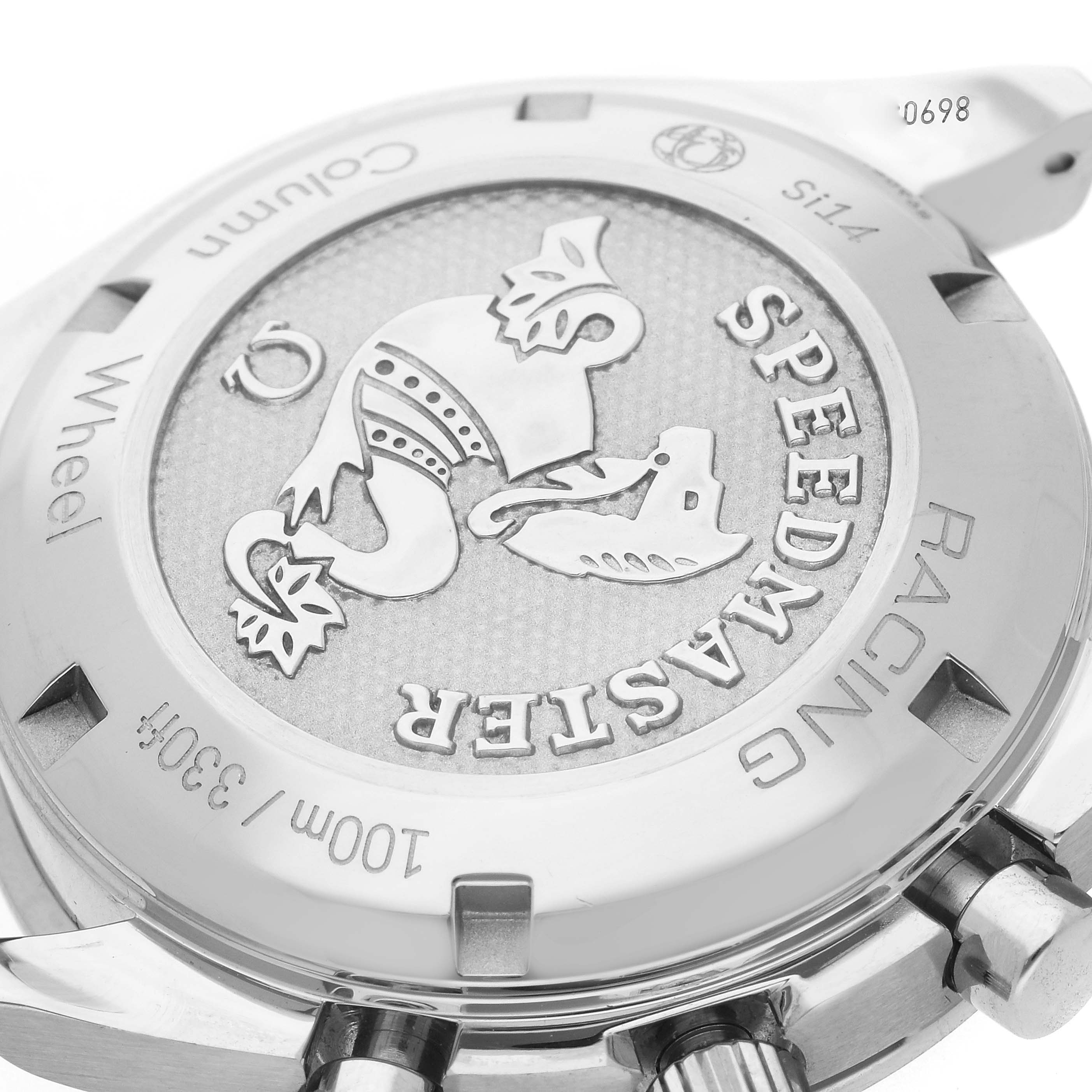 The image shows the back case of the Omega Speedmaster 326.30.40.50.04.001 Men
s Stainless Steel White Dial 326.30.40.50.04.001 Men
s Stainless Steel White Dial watch, highlighting engravings and the logo.