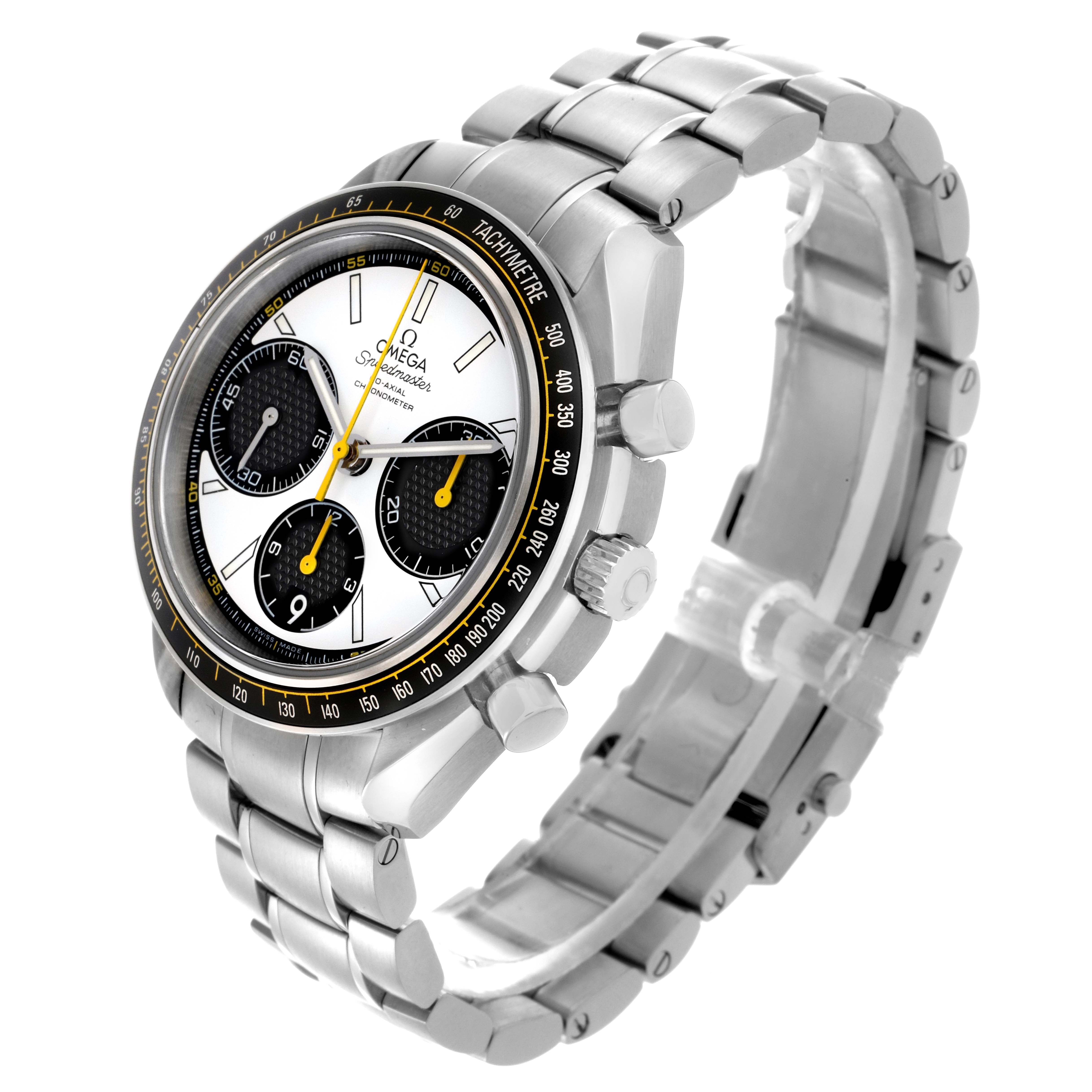 The Omega Speedmaster 326.30.40.50.04.001 Men
s Stainless Steel White Dial 326.30.40.50.04.001 Men
s Stainless Steel White Dial watch is shown at a three-quarter angle, highlighting the dial, bezel, chronograph buttons, and bracelet.