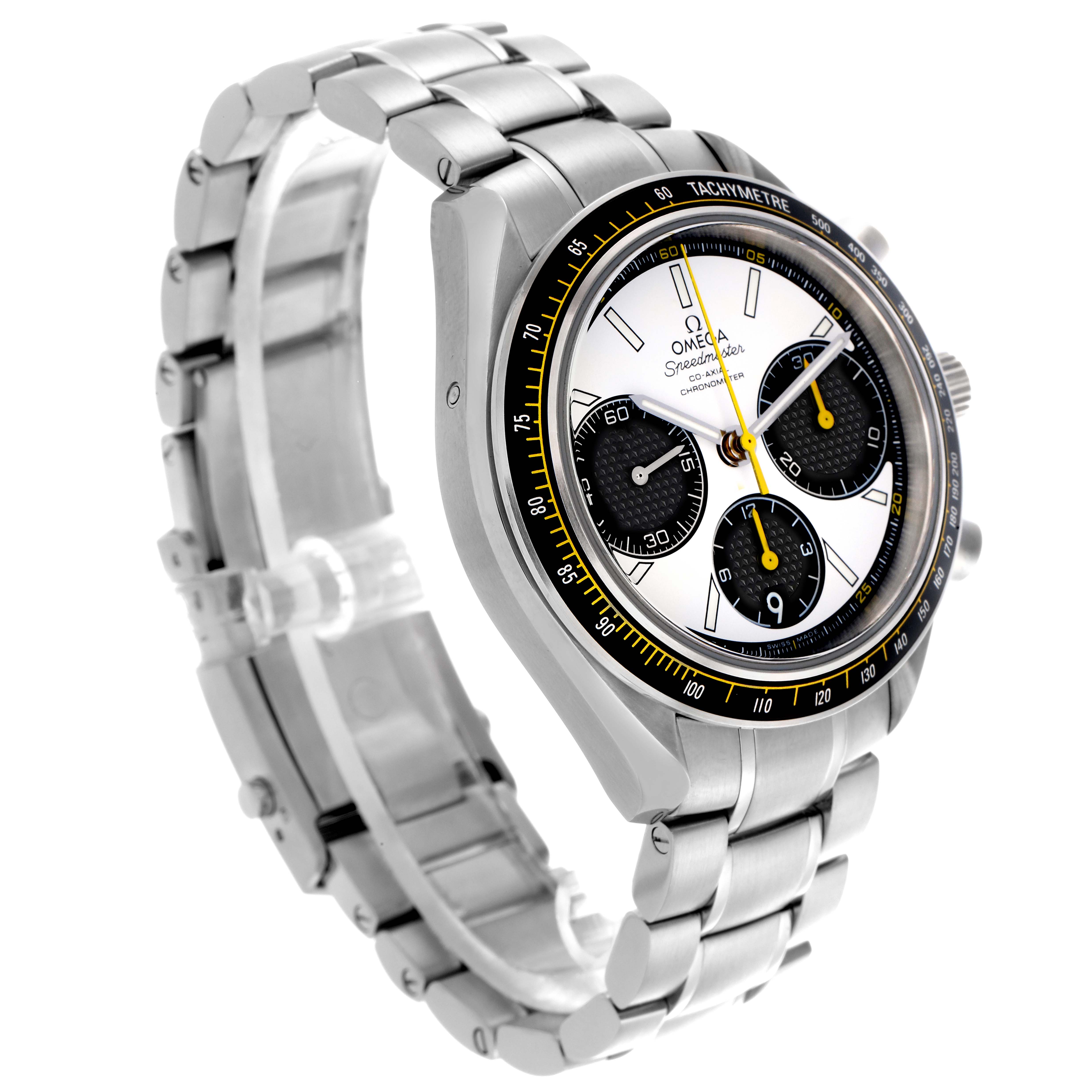 The Omega Speedmaster 326.30.40.50.04.001 Men
s Stainless Steel White Dial 326.30.40.50.04.001 Men
s Stainless Steel White Dial watch is shown at a right-side angle, highlighting the face, bezel, and stainless steel bracelet.