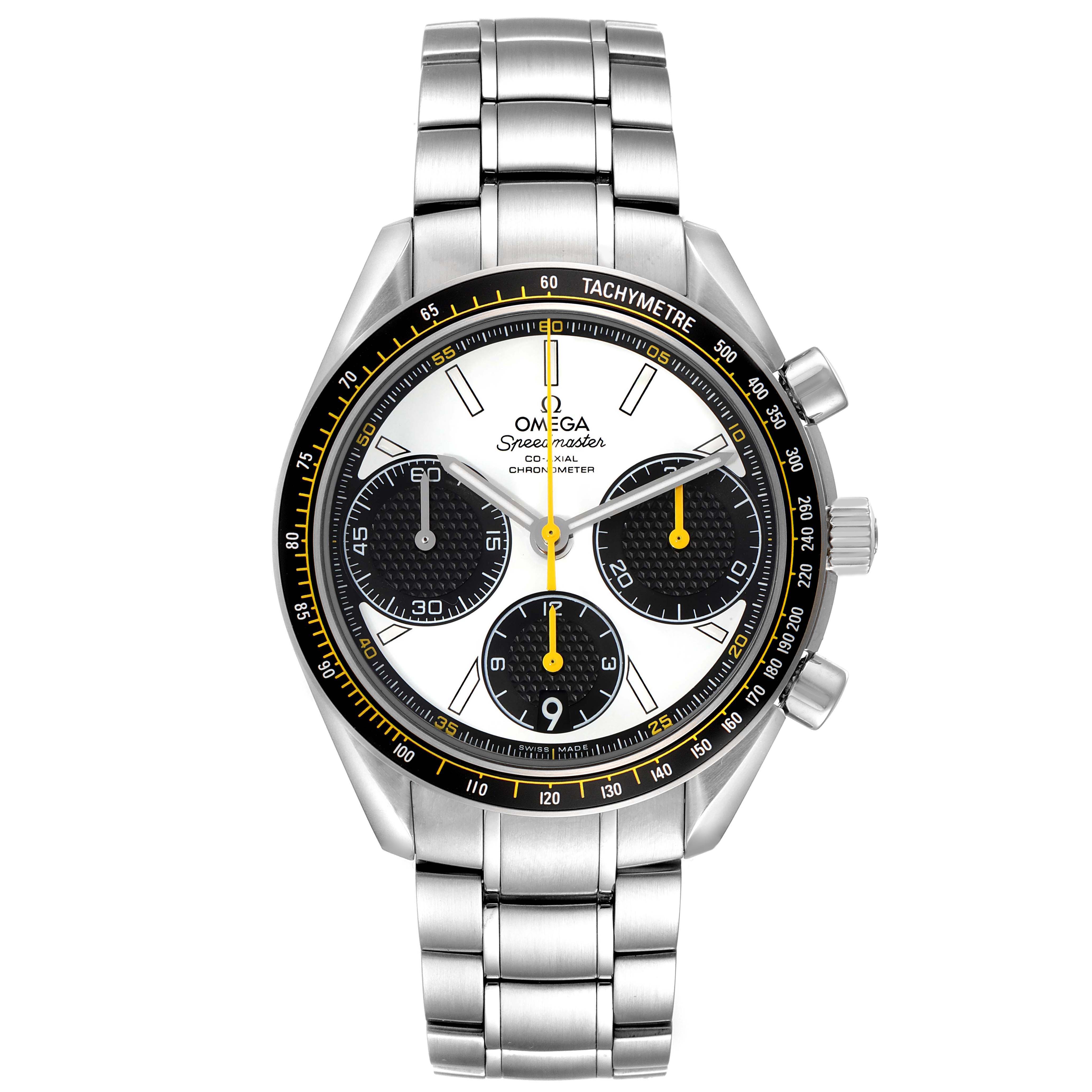 The Omega Speedmaster 326.30.40.50.04.001 Men
s Stainless Steel White Dial 326.30.40.50.04.001 Men
s Stainless Steel White Dial watch is shown from a front angle, displaying its face, bezel, crown, pushers, and metal bracelet.