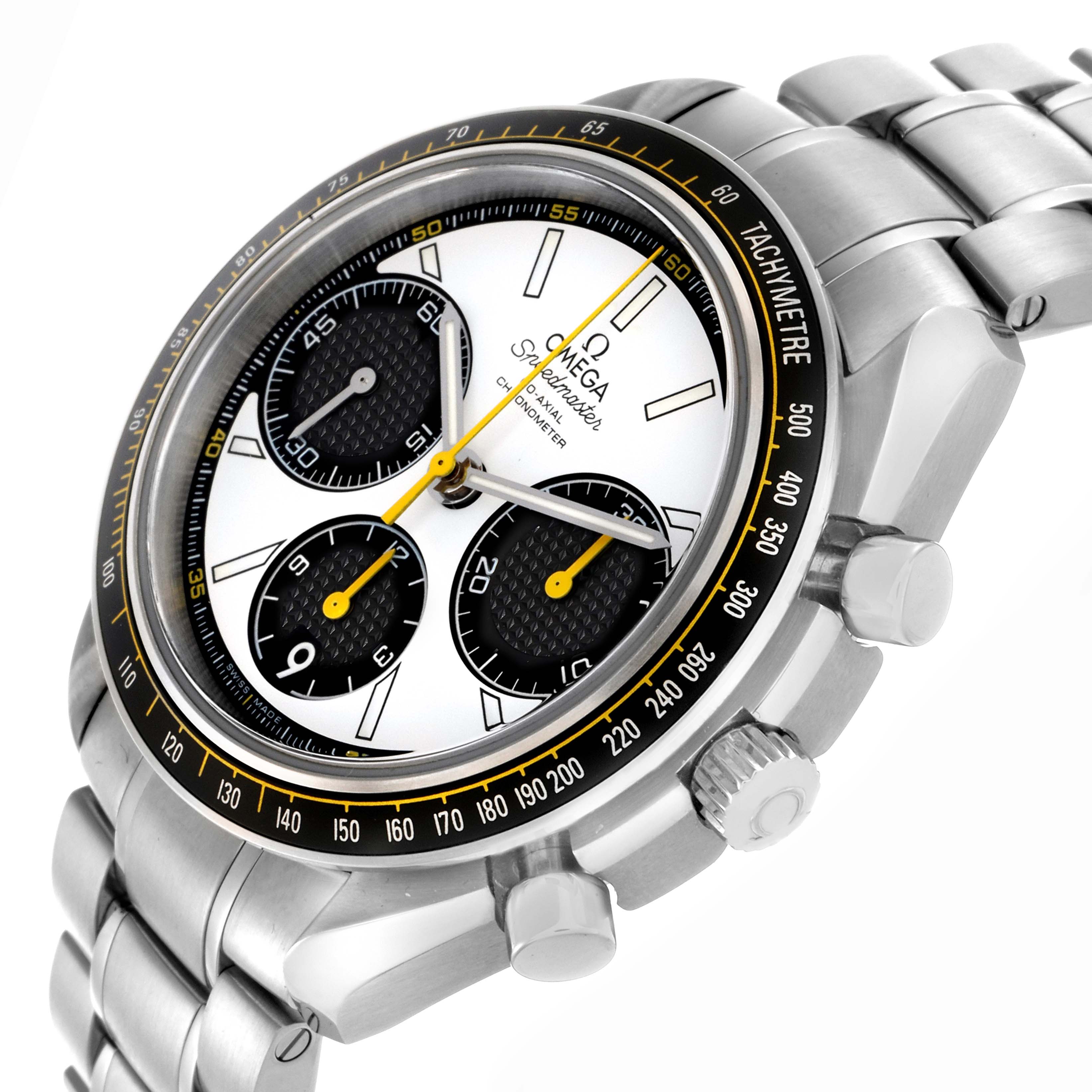 The Omega Speedmaster 326.30.40.50.04.001 Men
s Stainless Steel White Dial 326.30.40.50.04.001 Men
s Stainless Steel White Dial watch is shown at a tilted angle showcasing the face, bezel, and part of the bracelet.