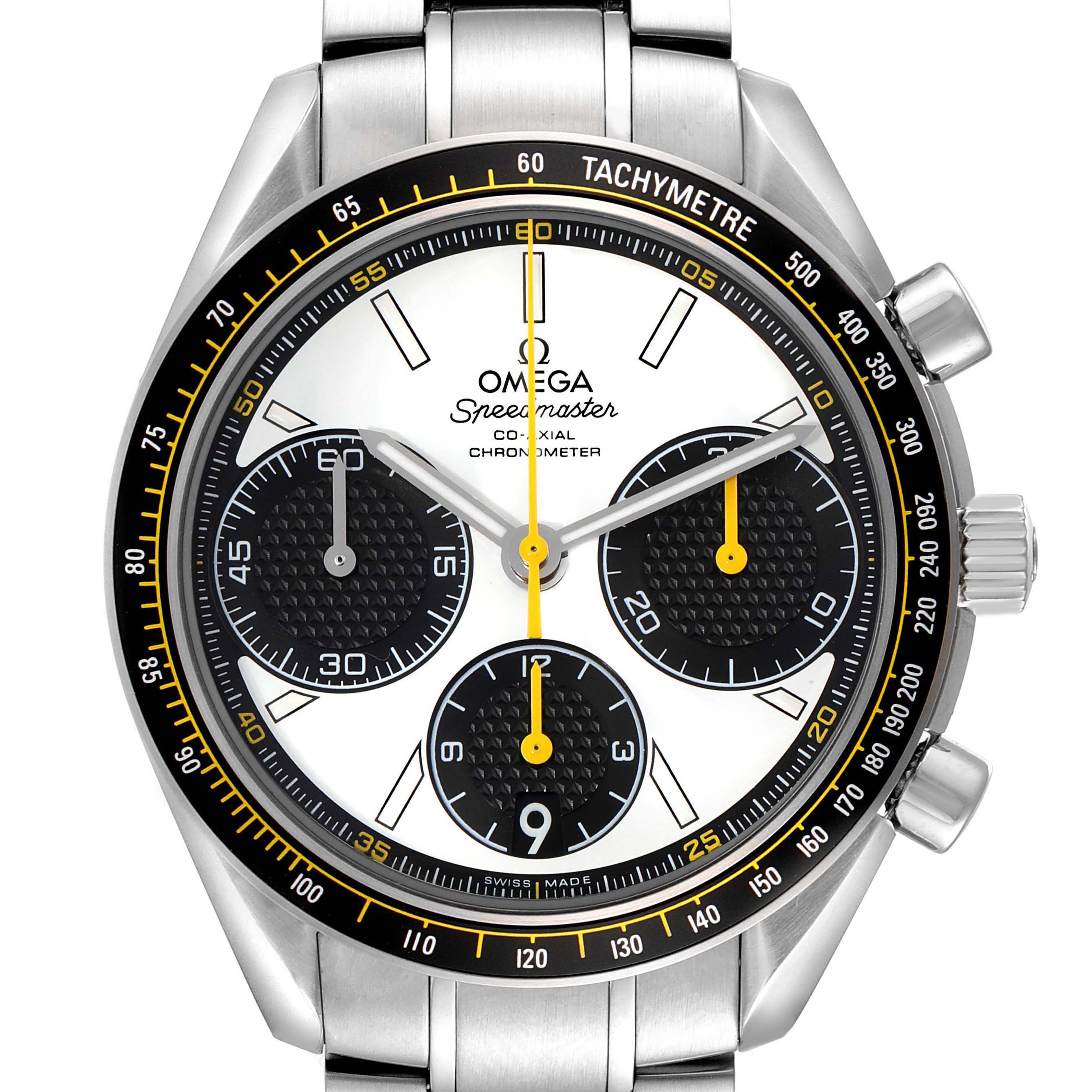 The Omega Speedmaster 326.30.40.50.04.001 Men
s Stainless Steel White Dial 326.30.40.50.04.001 Men
s Stainless Steel White Dial watch is shown from a frontal angle, highlighting the dial, subdials, bezel, and part of the bracelet.