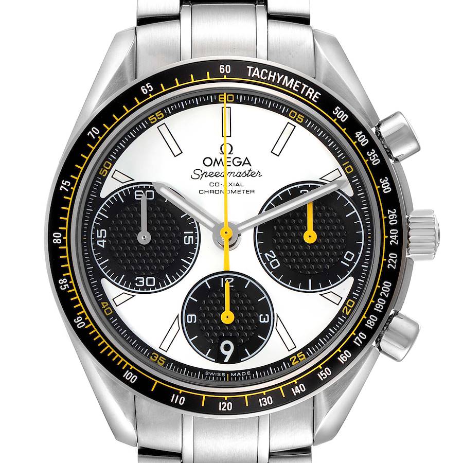 The Omega Speedmaster watch is shown from a frontal angle, highlighting the dial, subdials, bezel, and part of the bracelet.