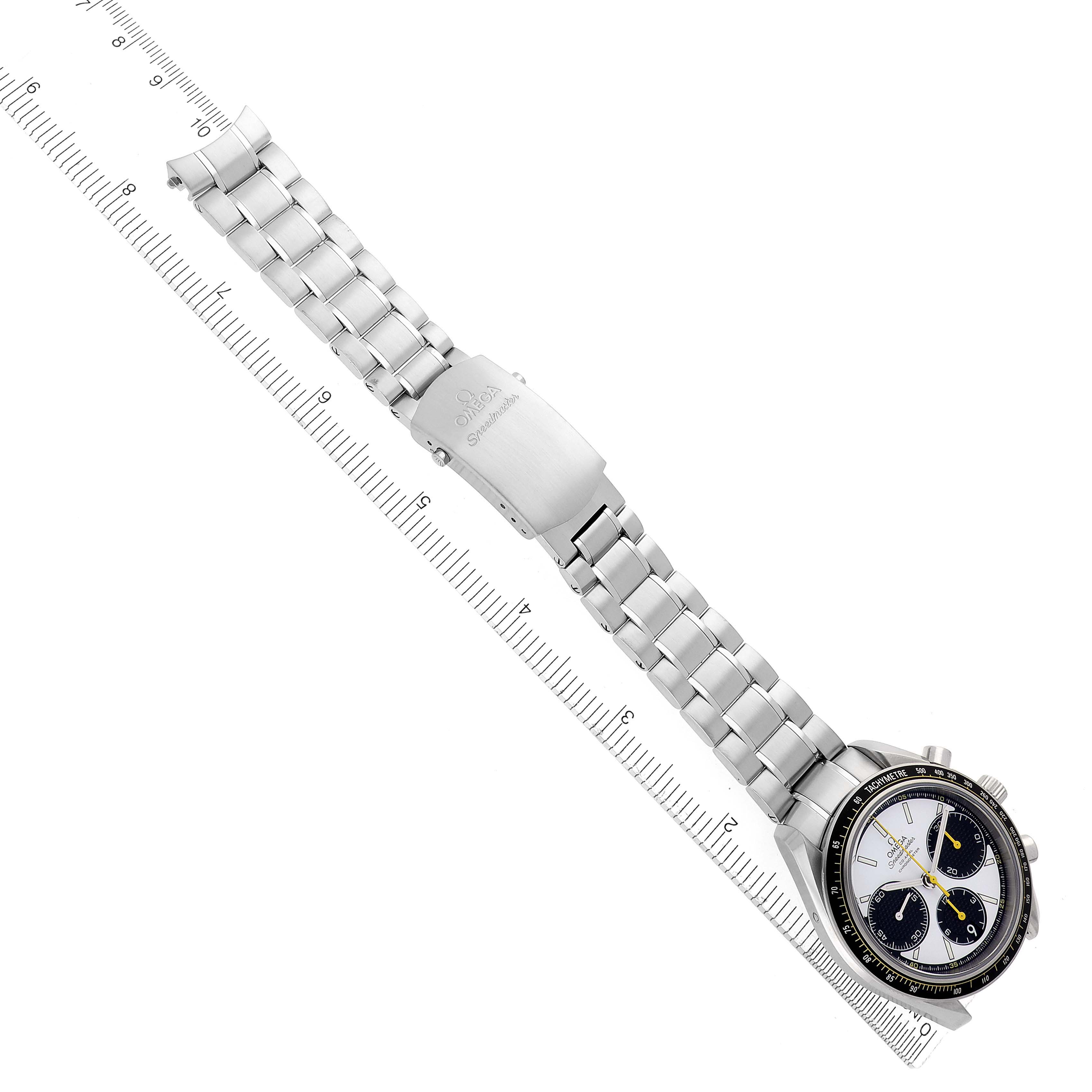 The Omega Speedmaster 326.30.40.50.04.001 Men
s Stainless Steel White Dial 326.30.40.50.04.001 Men
s Stainless Steel White Dial watch is shown from a top view, featuring the bracelet, clasp, and face with subdials.