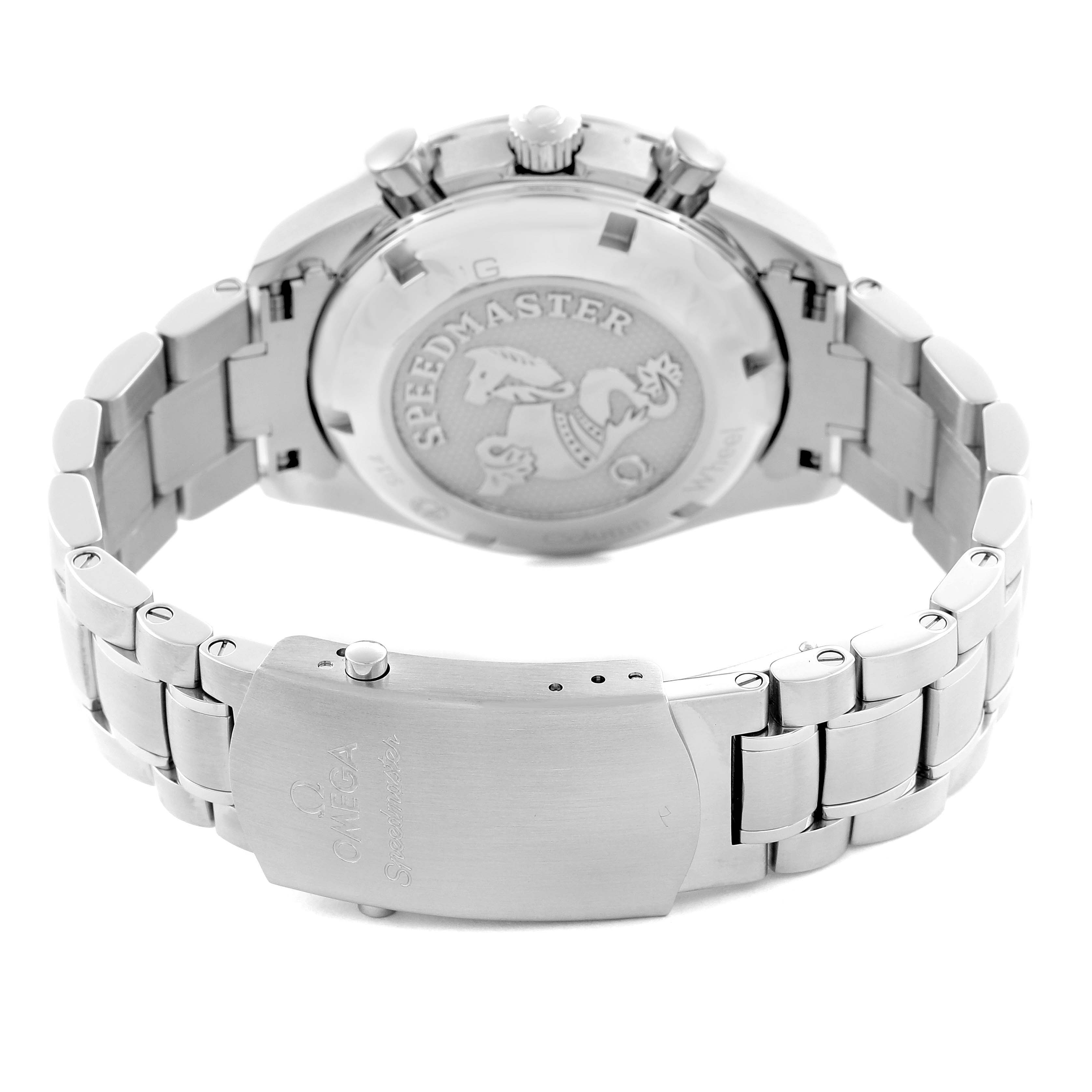 The image shows the back and clasp of an Omega Speedmaster 326.30.40.50.04.001 Men
s Stainless Steel White Dial 326.30.40.50.04.001 Men
s Stainless Steel White Dial, highlighting the bracelet links and case back design.