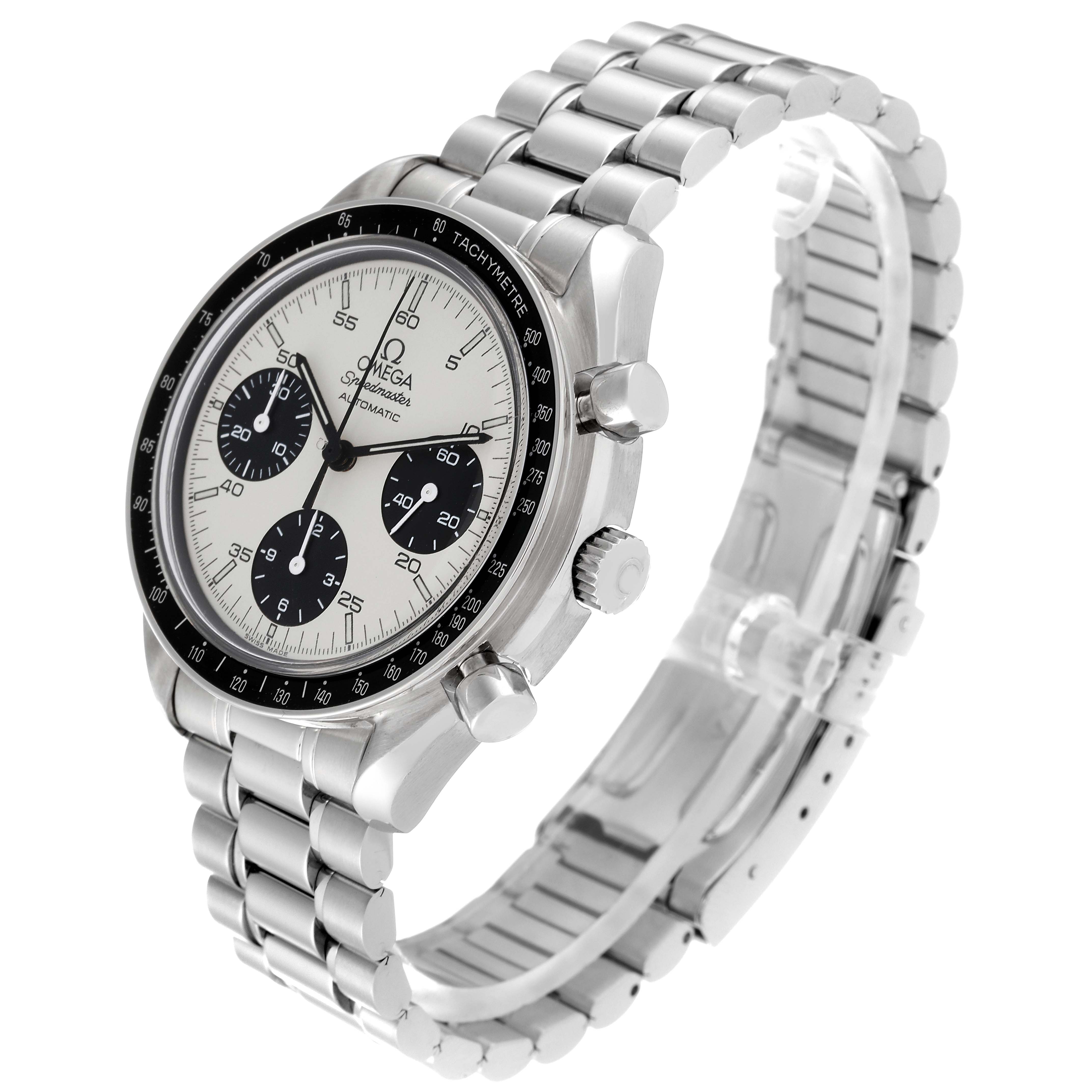 The image shows the Omega Speedmaster 3510.21.00 Men
s Stainless Steel White Dial 3510.21.00 Men
s Stainless Steel White Dial watch at a three-quarter angle, highlighting the face, bezel, crown, pushers, and bracelet.
