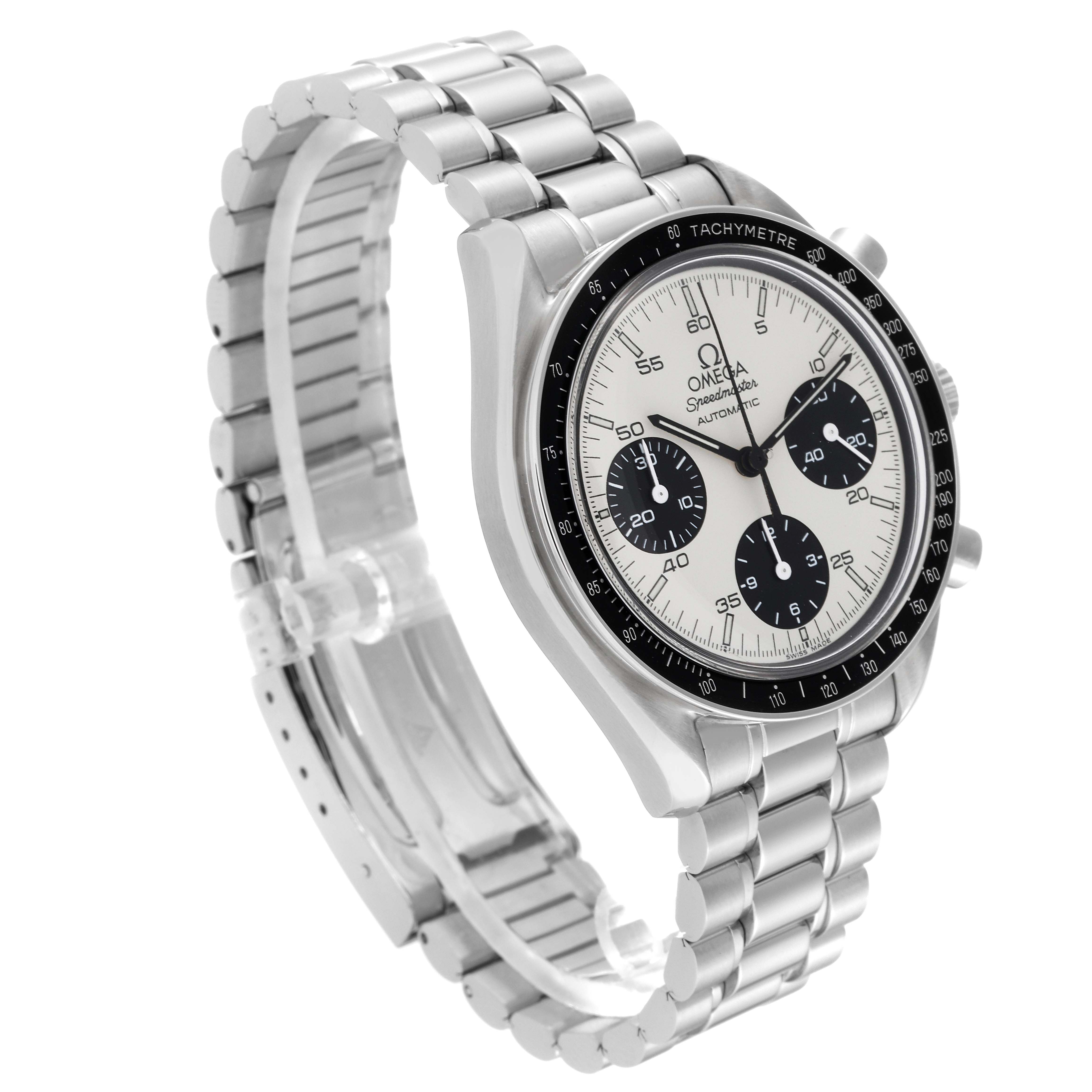 This image shows the Omega Speedmaster 3510.21.00 Men
s Stainless Steel White Dial 3510.21.00 Men
s Stainless Steel White Dial watch at a 3/4 angle, highlighting its dial, bezel, and metal bracelet.