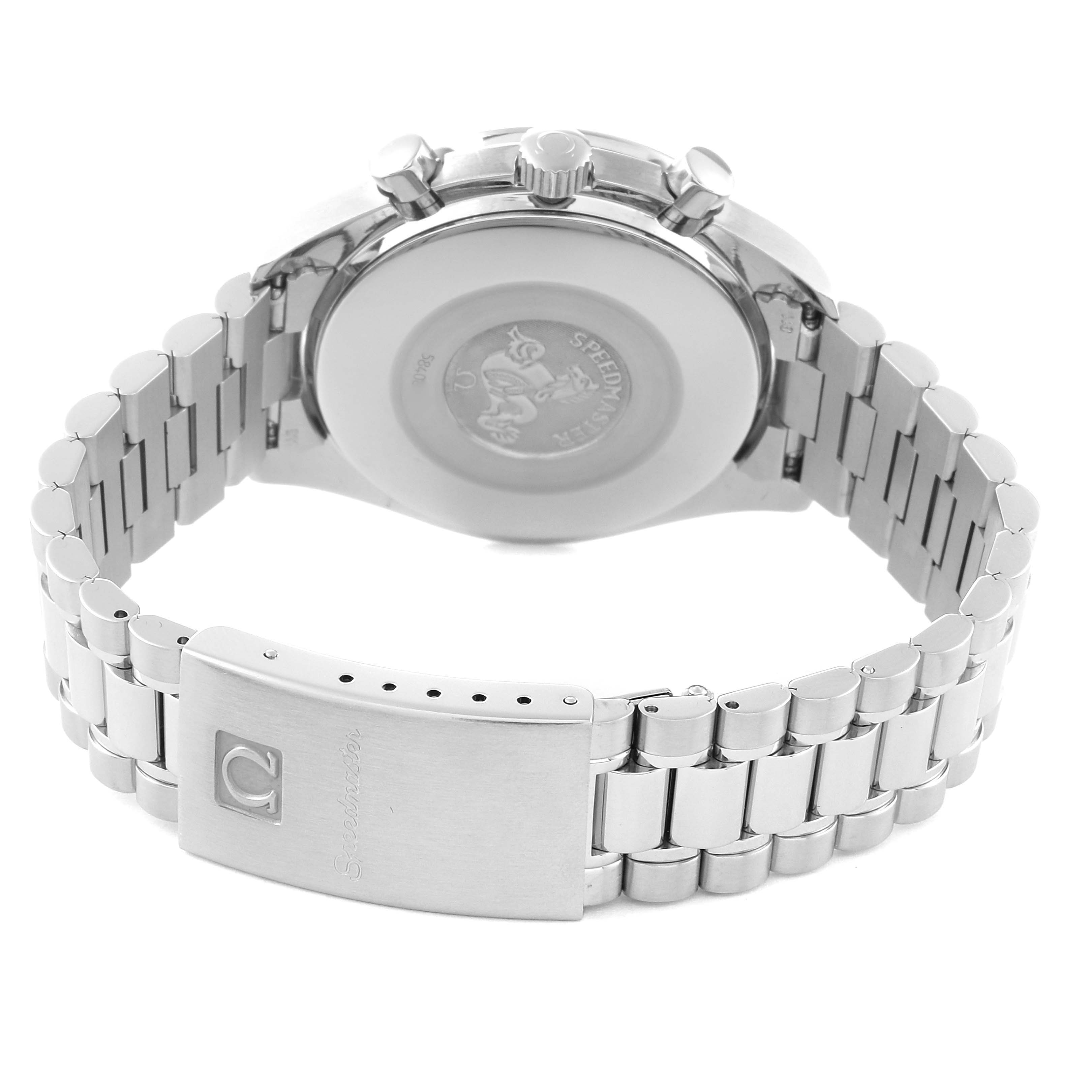The image shows the back case and stainless steel bracelet of an Omega Speedmaster 3510.21.00 Men
s Stainless Steel White Dial 3510.21.00 Men
s Stainless Steel White Dial watch.