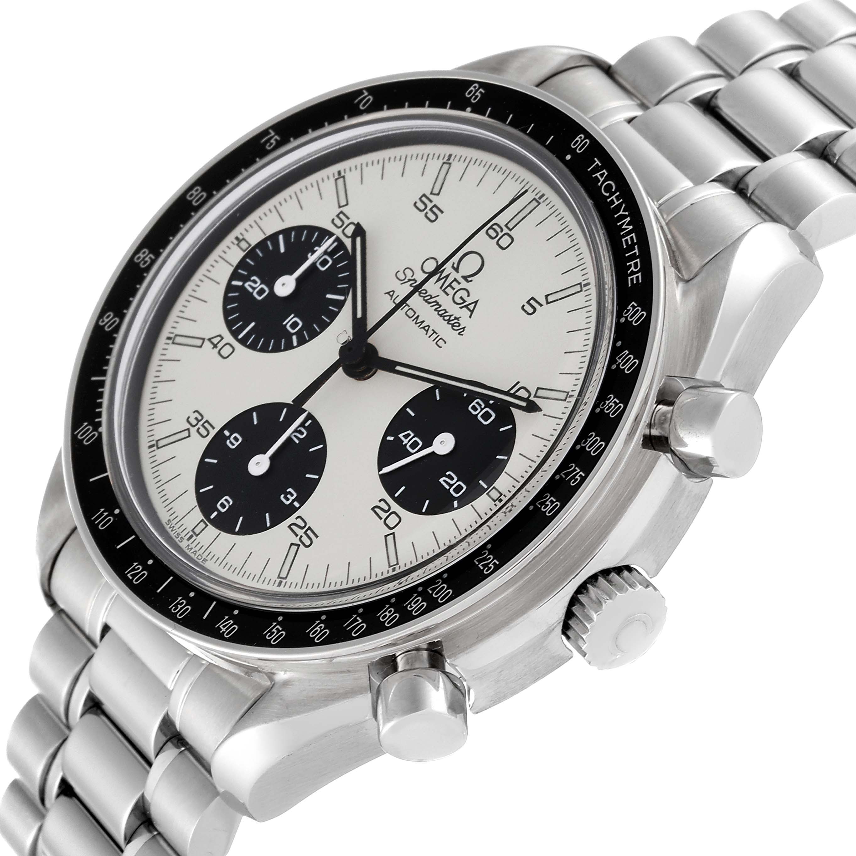 The image shows an angled view of the Omega Speedmaster 3510.21.00 Men
s Stainless Steel White Dial 3510.21.00 Men
s Stainless Steel White Dial watch face, tachymeter bezel, chronograph pushers, and bracelet.