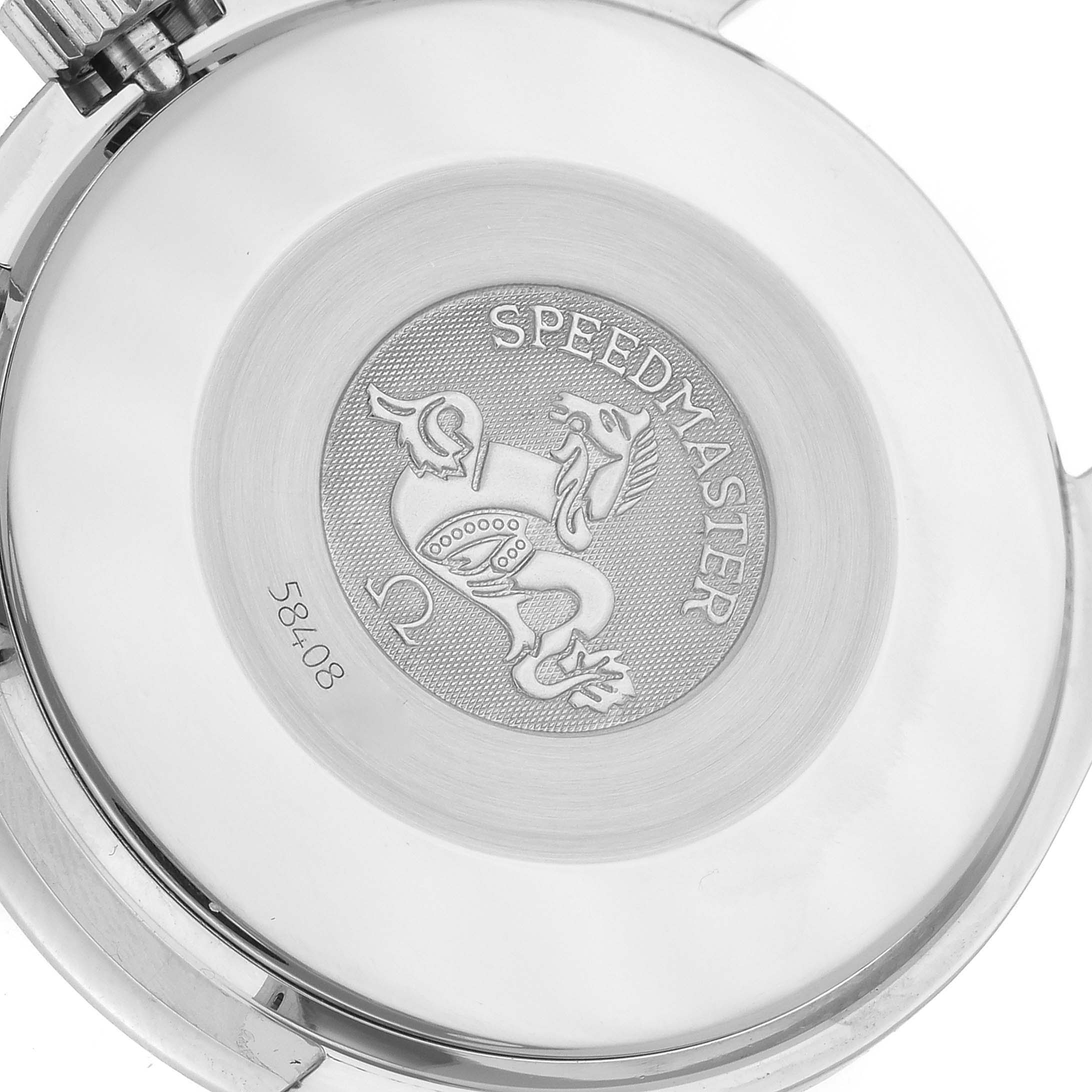 The image shows the case back of an Omega Speedmaster 3510.21.00 Men
s Stainless Steel White Dial 3510.21.00 Men
s Stainless Steel White Dial watch, featuring the Speedmaster logo and serial number 58408.