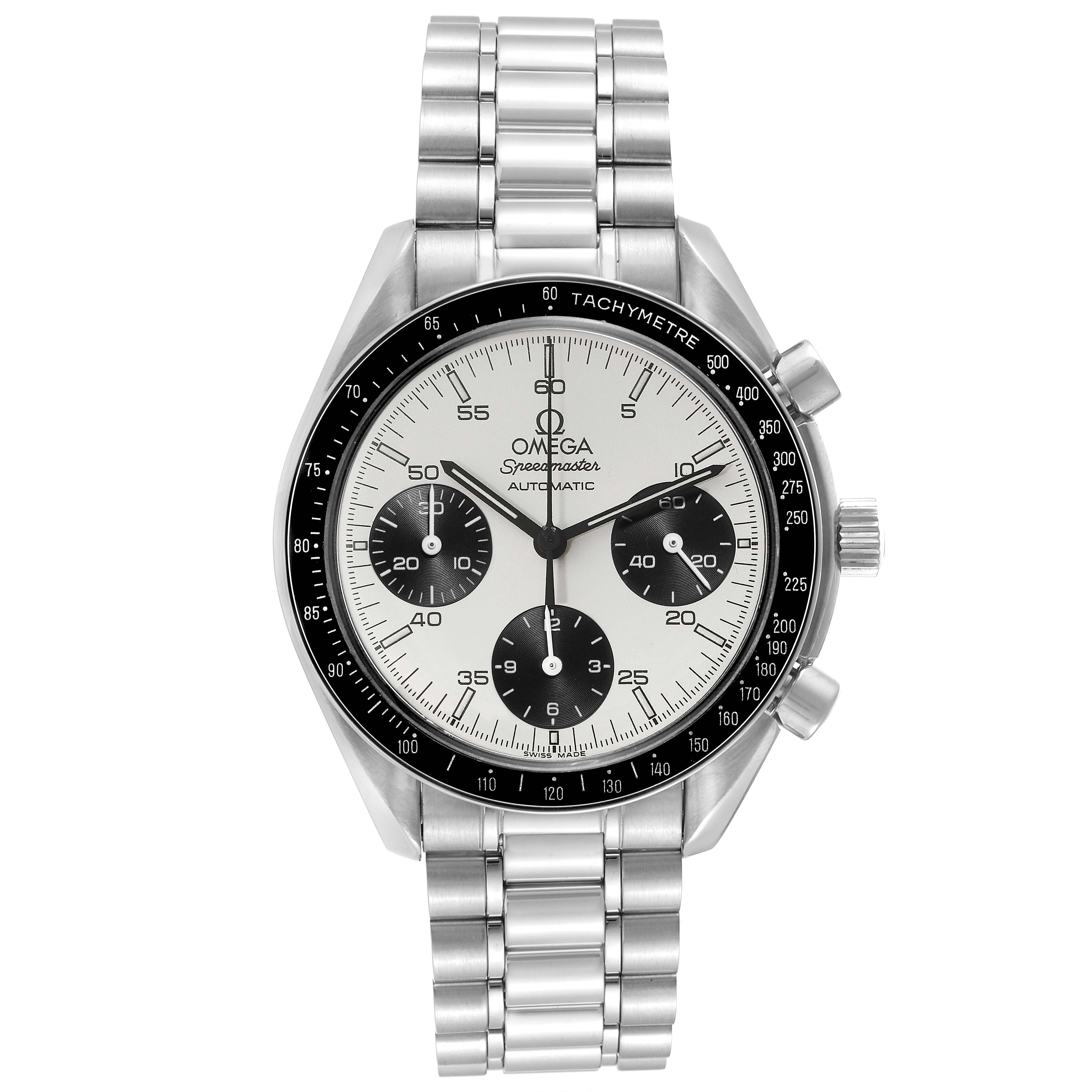 This image shows a front view of an Omega Speedmaster 3510.21.00 Men
s Stainless Steel White Dial 3510.21.00 Men
s Stainless Steel White Dial watch, including its face, bezel, and bracelet.