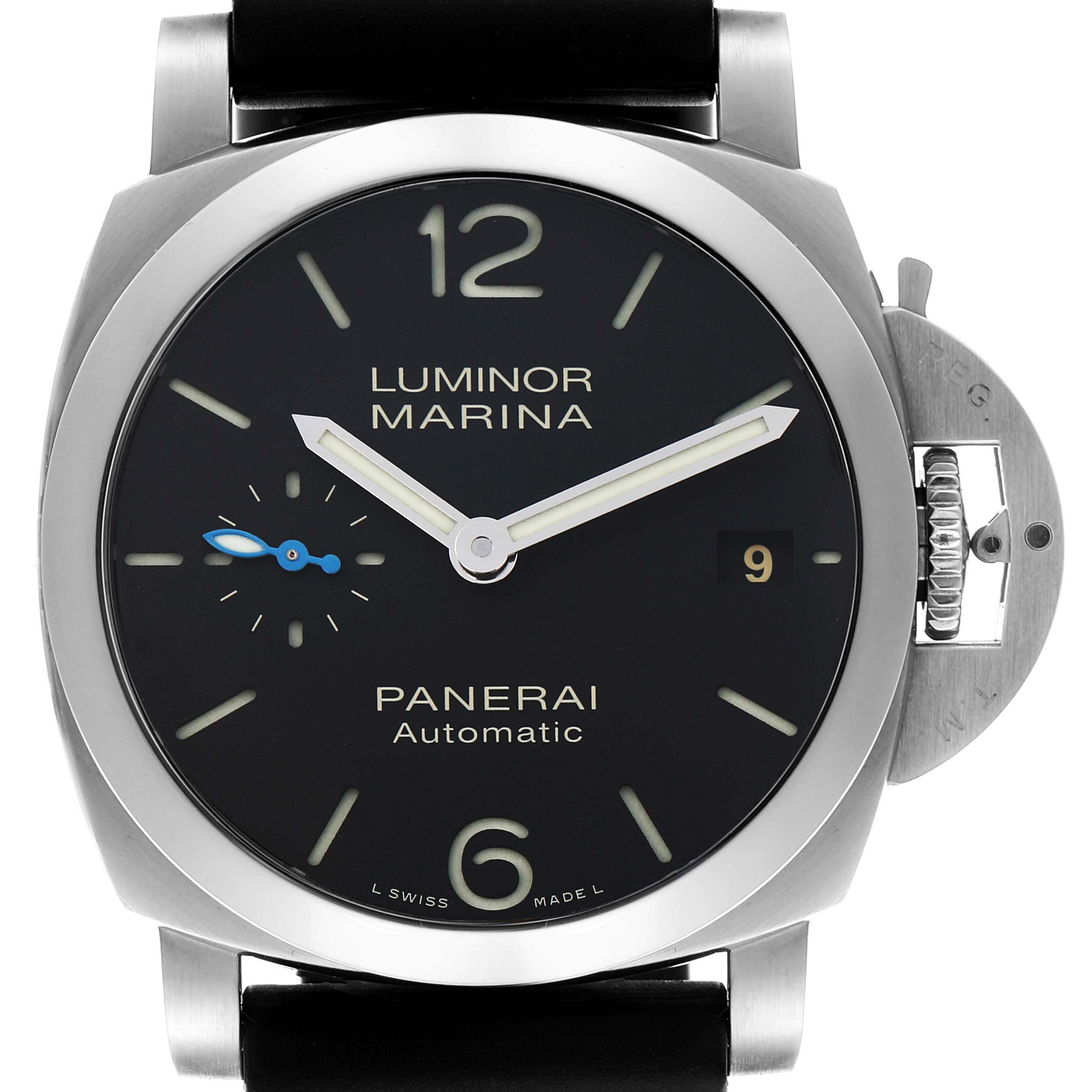 The image shows a frontal view of the Panerai Luminor PAM01372 Men
s Stainless Steel Black Dial PAM01372 Men
s Stainless Steel Black Dial watch, highlighting the dial, case, and crown protector.