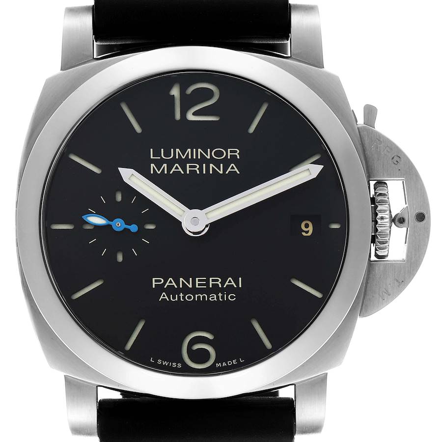 The image shows a frontal view of the Panerai Luminor watch, highlighting the dial, case, and crown protector.