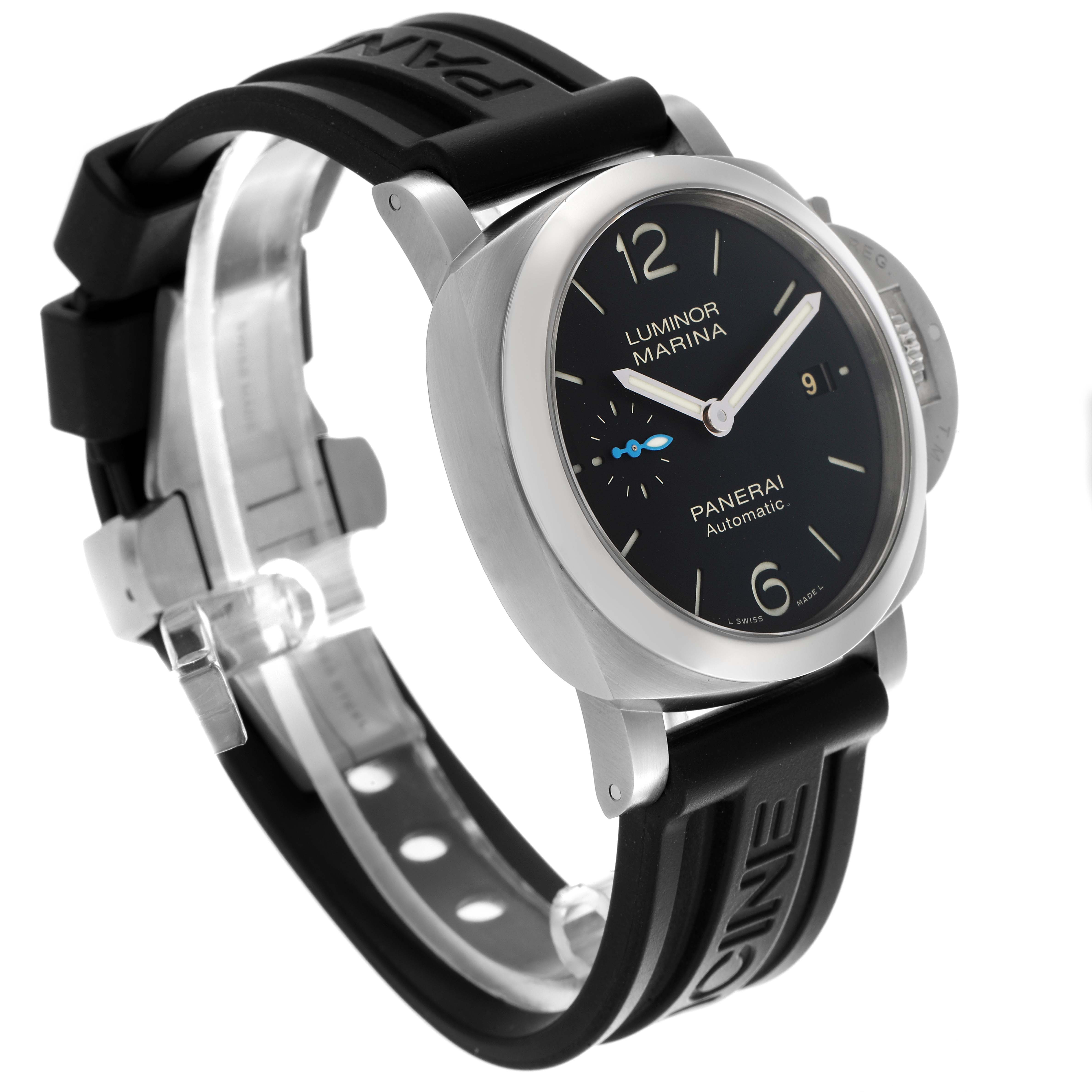 The Panerai Luminor PAM01372 Men
s Stainless Steel Black Dial PAM01372 Men
s Stainless Steel Black Dial model watch is shown at a slight angle, highlighting the face, crown guard, and rubber strap.