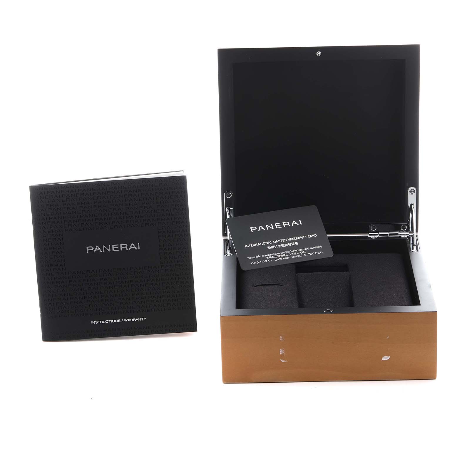 The image shows a Panerai Luminor PAM01372 Men
s Stainless Steel Black Dial PAM01372 Men
s Stainless Steel Black Dial watch box, open, with a warranty card and instruction booklet beside it.