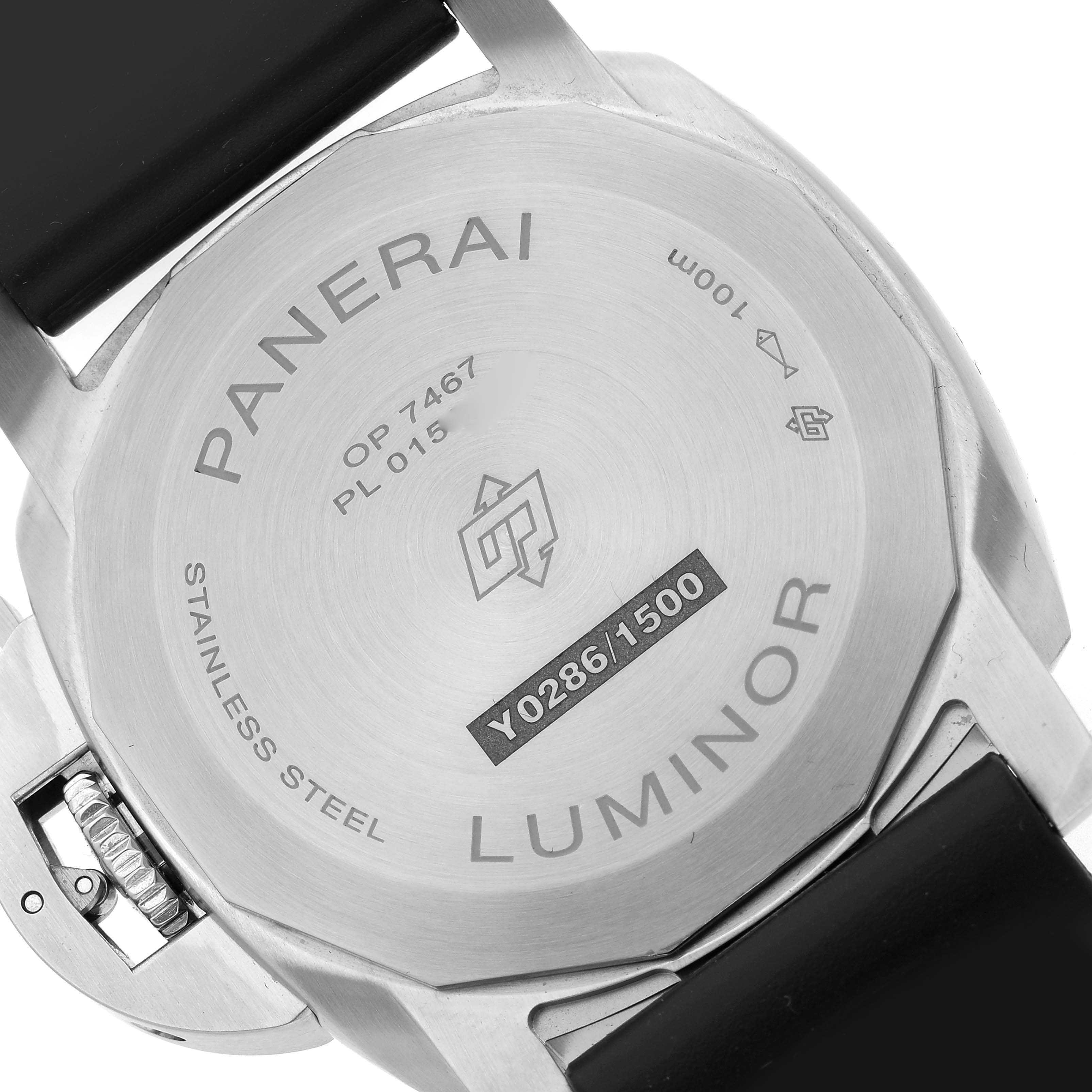 The image shows the back of a Panerai Luminor PAM01372 Men
s Stainless Steel Black Dial PAM01372 Men
s Stainless Steel Black Dial watch, highlighting the case back details and strap attachment.