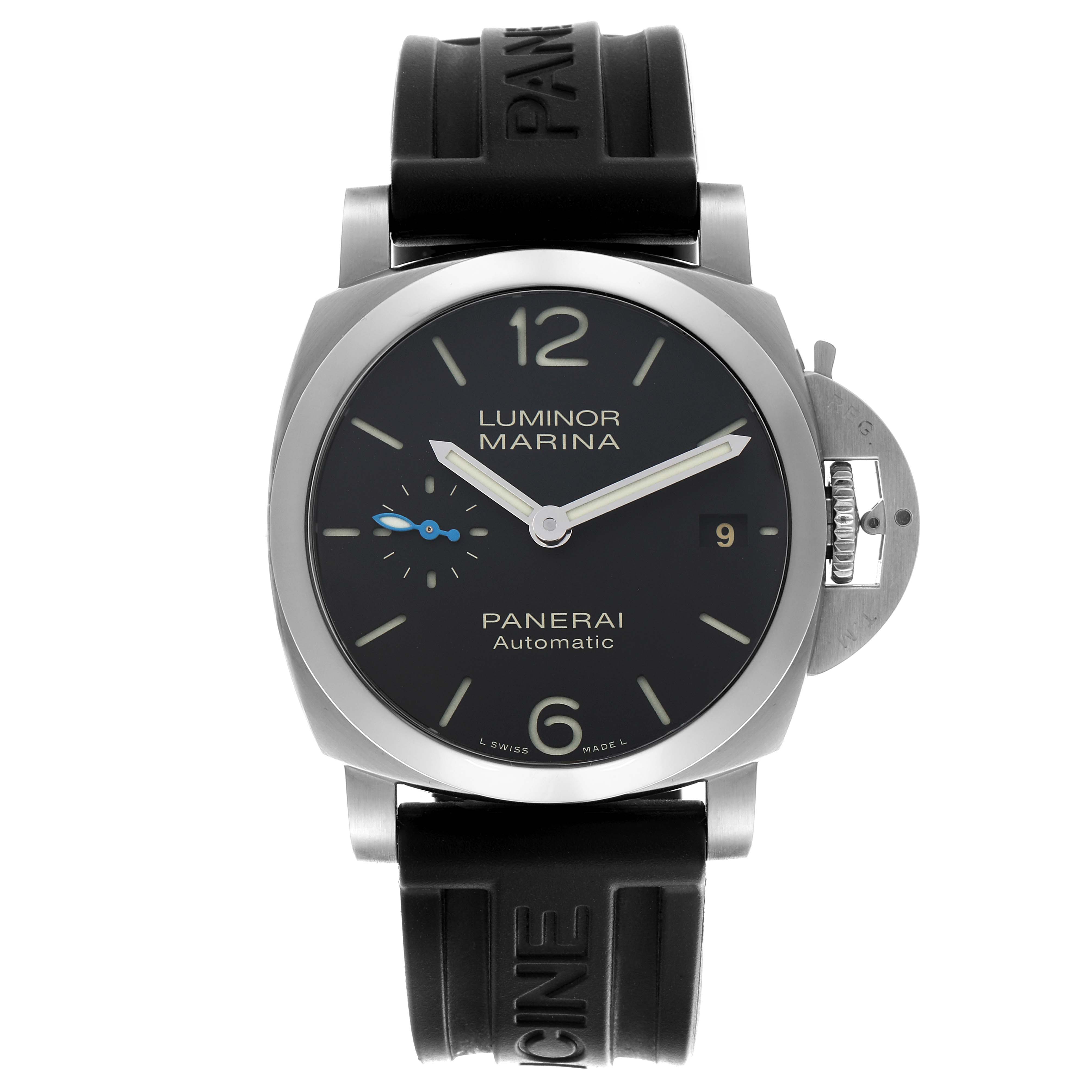 The Panerai Luminor PAM01372 Men
s Stainless Steel Black Dial PAM01372 Men
s Stainless Steel Black Dial watch is shown from the front, displaying its face, strap, and crown guard.