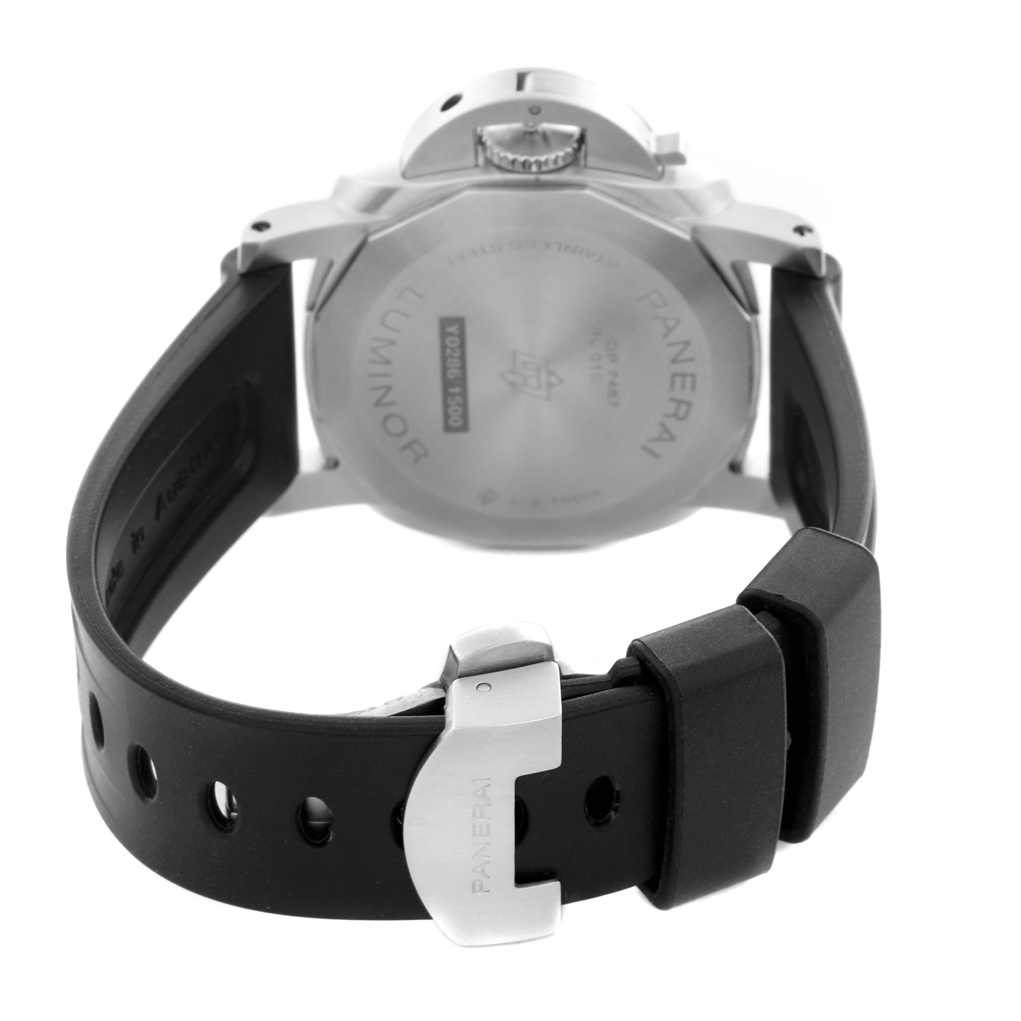 The image shows the back of a Panerai Luminor PAM01372 Men
s Stainless Steel Black Dial PAM01372 Men
s Stainless Steel Black Dial watch, highlighting the case back and black rubber strap with a buckle.