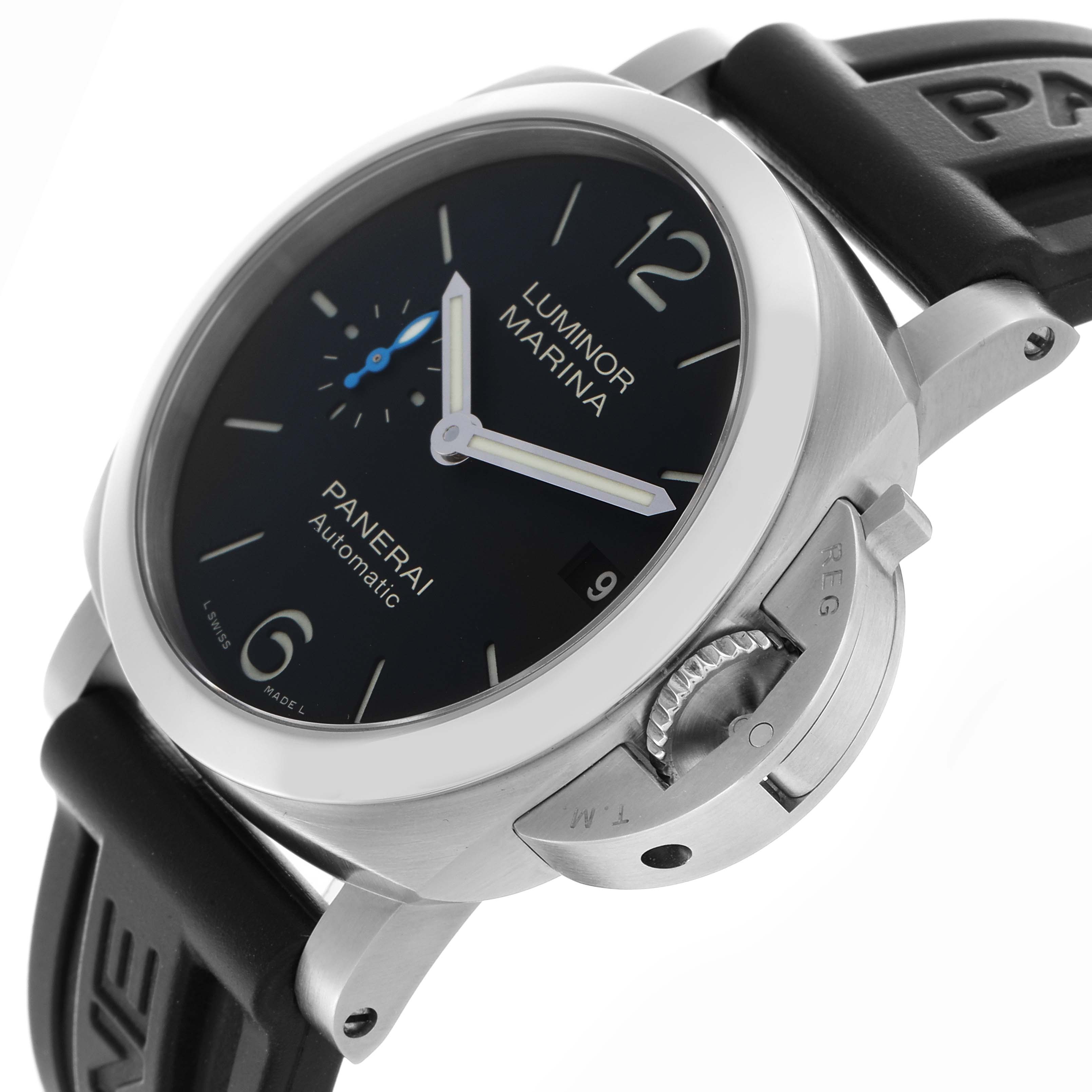 The Panerai Luminor PAM01372 Men
s Stainless Steel Black Dial PAM01372 Men
s Stainless Steel Black Dial watch is shown at a slight angle, displaying the face, crown guard, and black rubber strap.