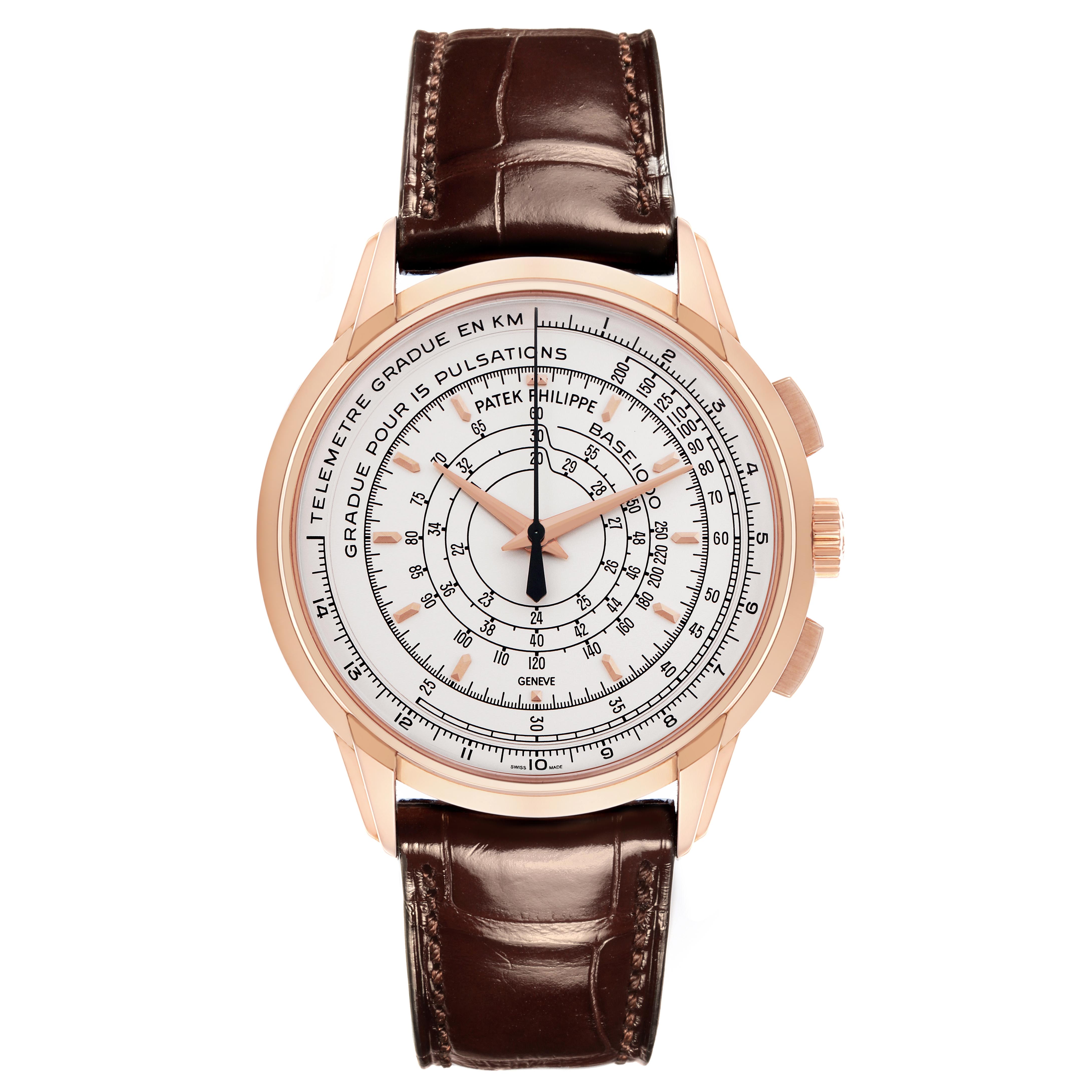 The Patek Philippe Complications 5975R-001 Men
s Rose Gold Silver Dial 5975R-001 Men
s Rose Gold Silver Dial watch is shown from a top-down angle, displaying the dial, rose gold case, and brown leather strap.