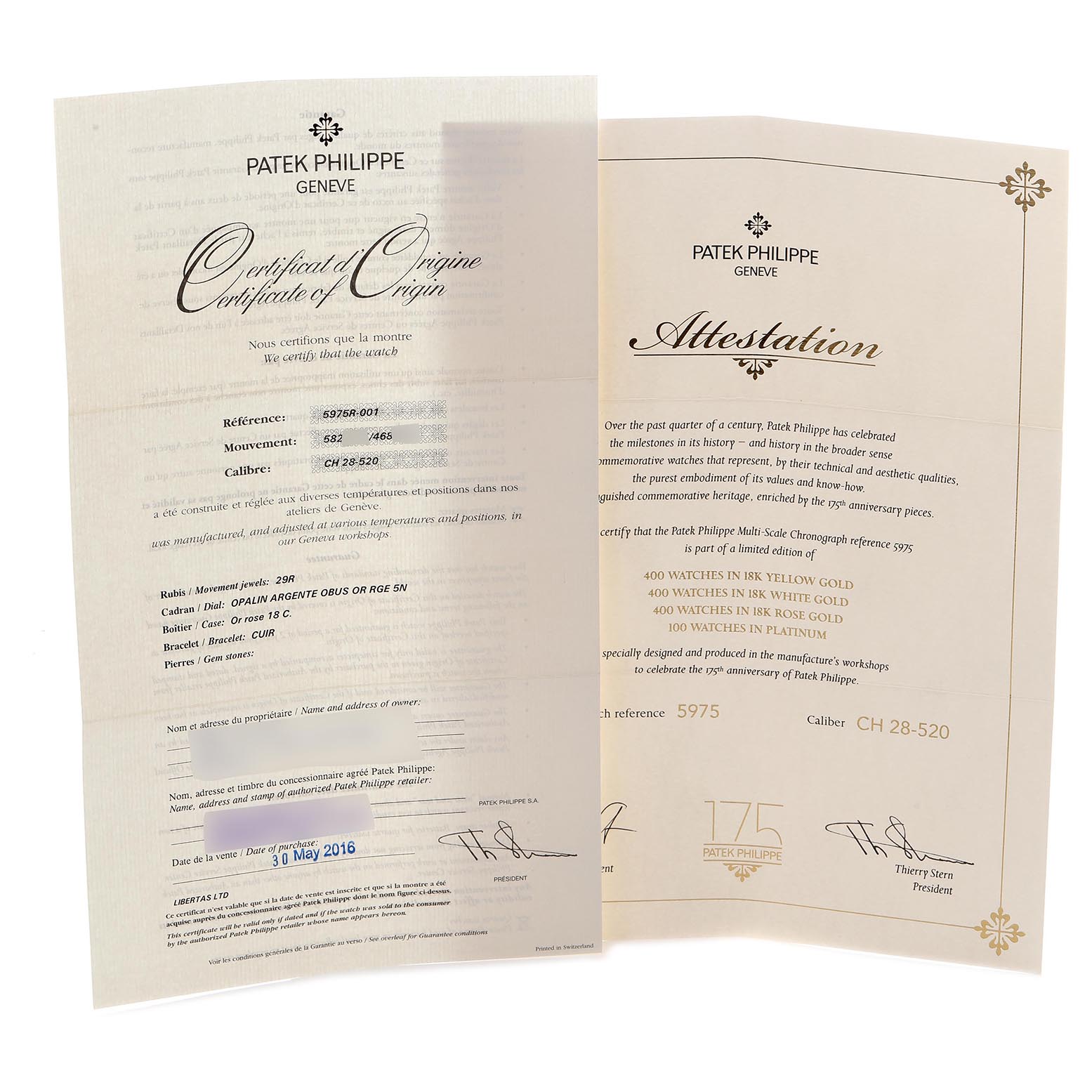 The image shows certificates and documentation for a Patek Philippe Complications 5975R-001 Men
s Rose Gold Silver Dial 5975R-001 Men
s Rose Gold Silver Dial model, detailing specifications and Best Quality
ity.