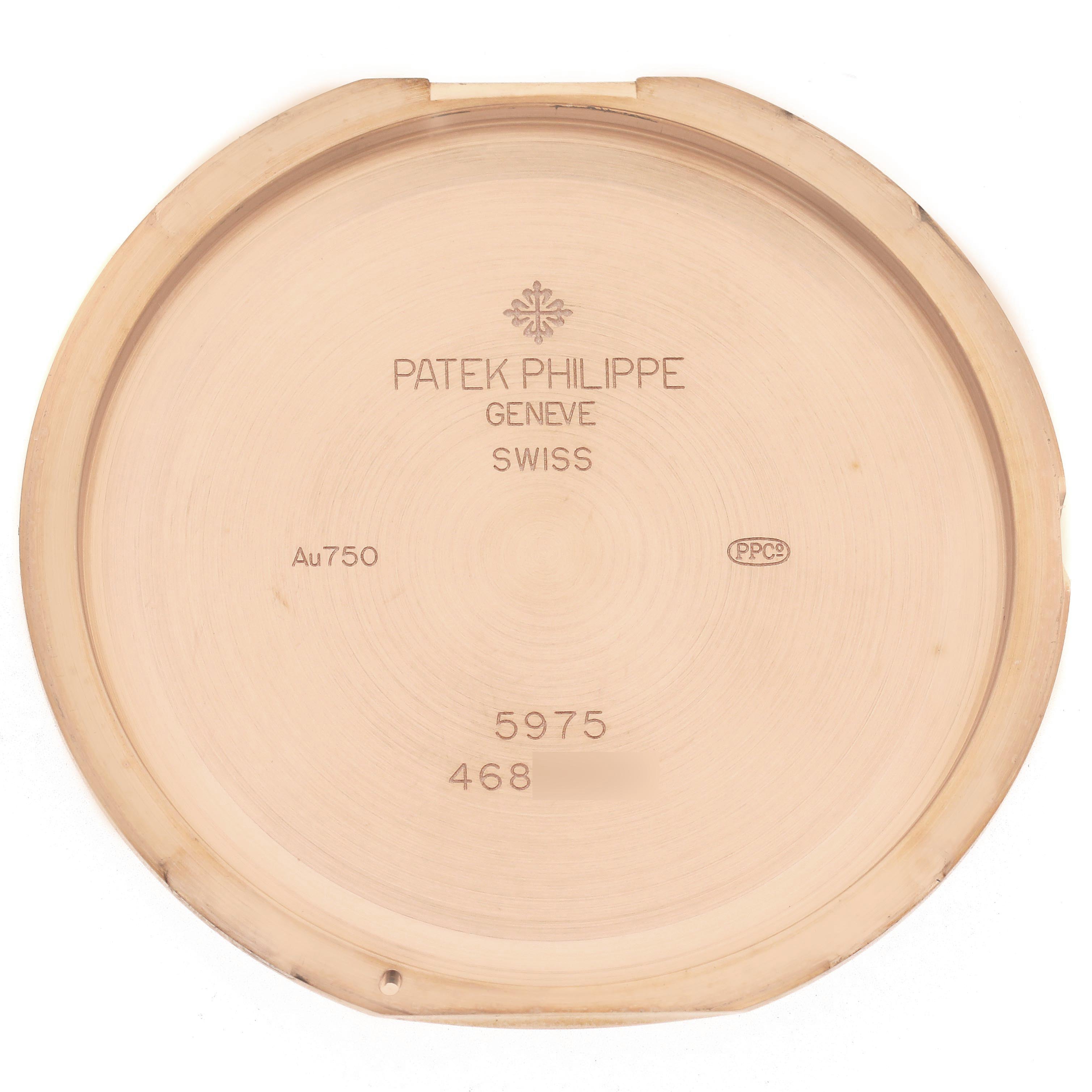 The image shows the inside case back of a Patek Philippe Complications 5975R-001 Men
s Rose Gold Silver Dial 5975R-001 Men
s Rose Gold Silver Dial model, displaying engravings and hallmarks.