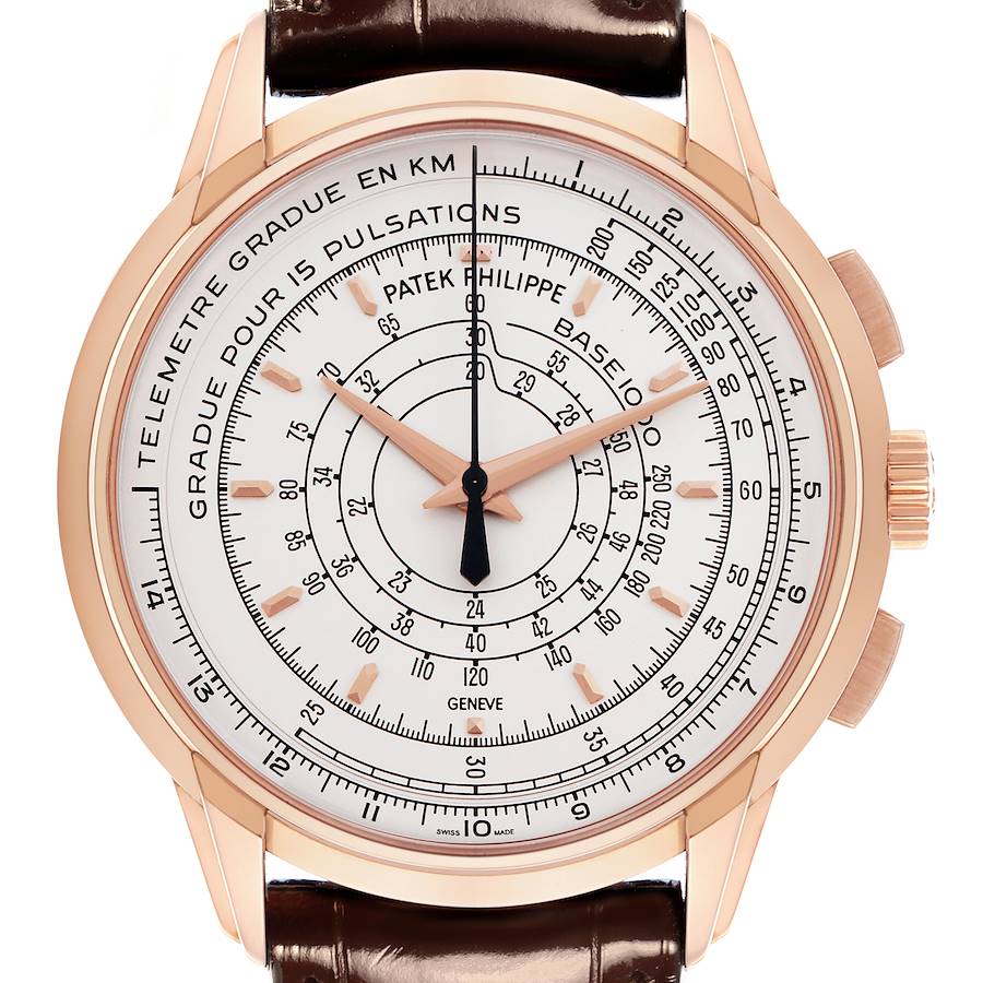 The Patek Philippe Complications watch is shown from a top-down angle, highlighting its rose gold case, dial, and brown strap.