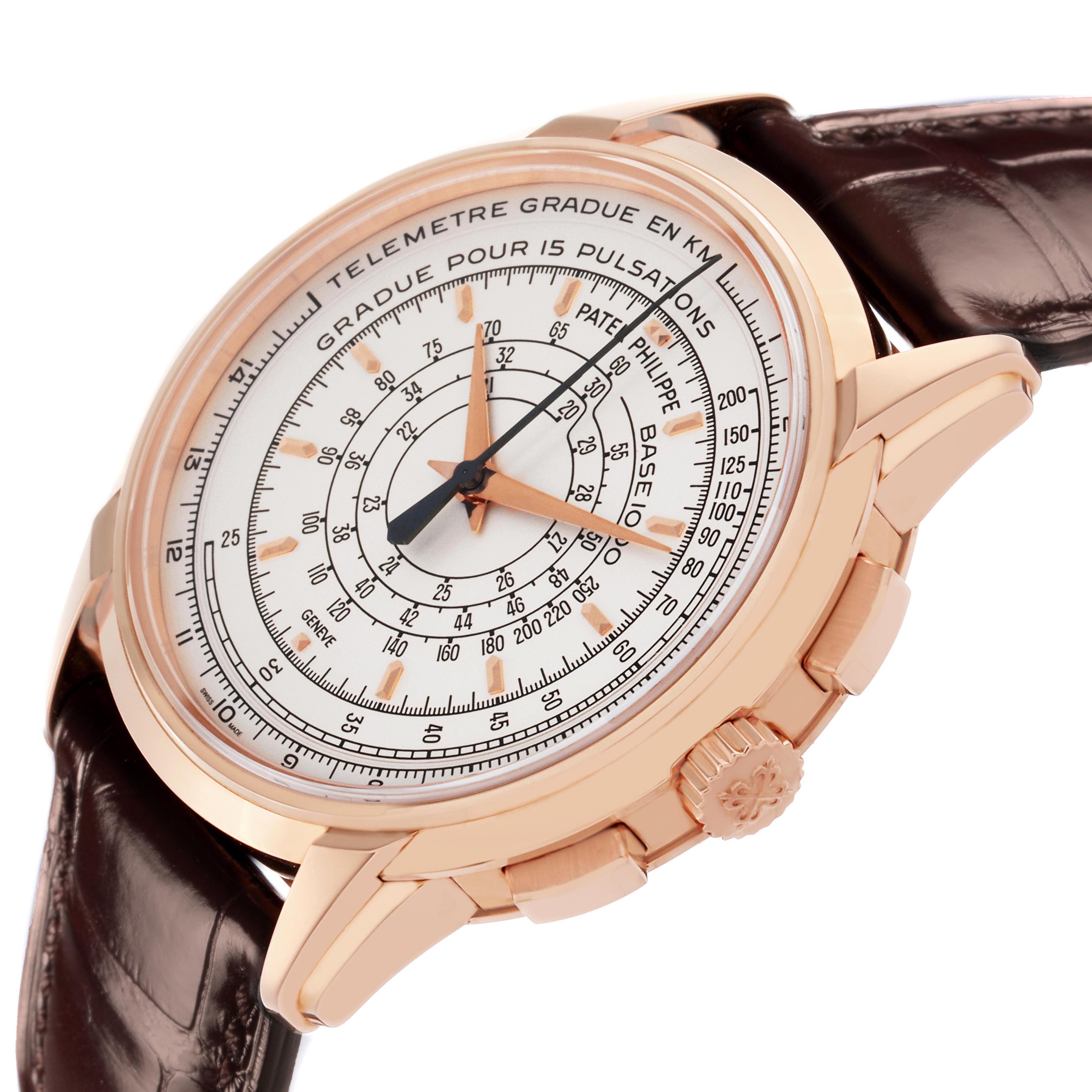 The Patek Philippe Complications 5975R-001 Men
s Rose Gold Silver Dial 5975R-001 Men
s Rose Gold Silver Dial model is shown at a slight angle, displaying its dial, case, crown, and leather strap.
