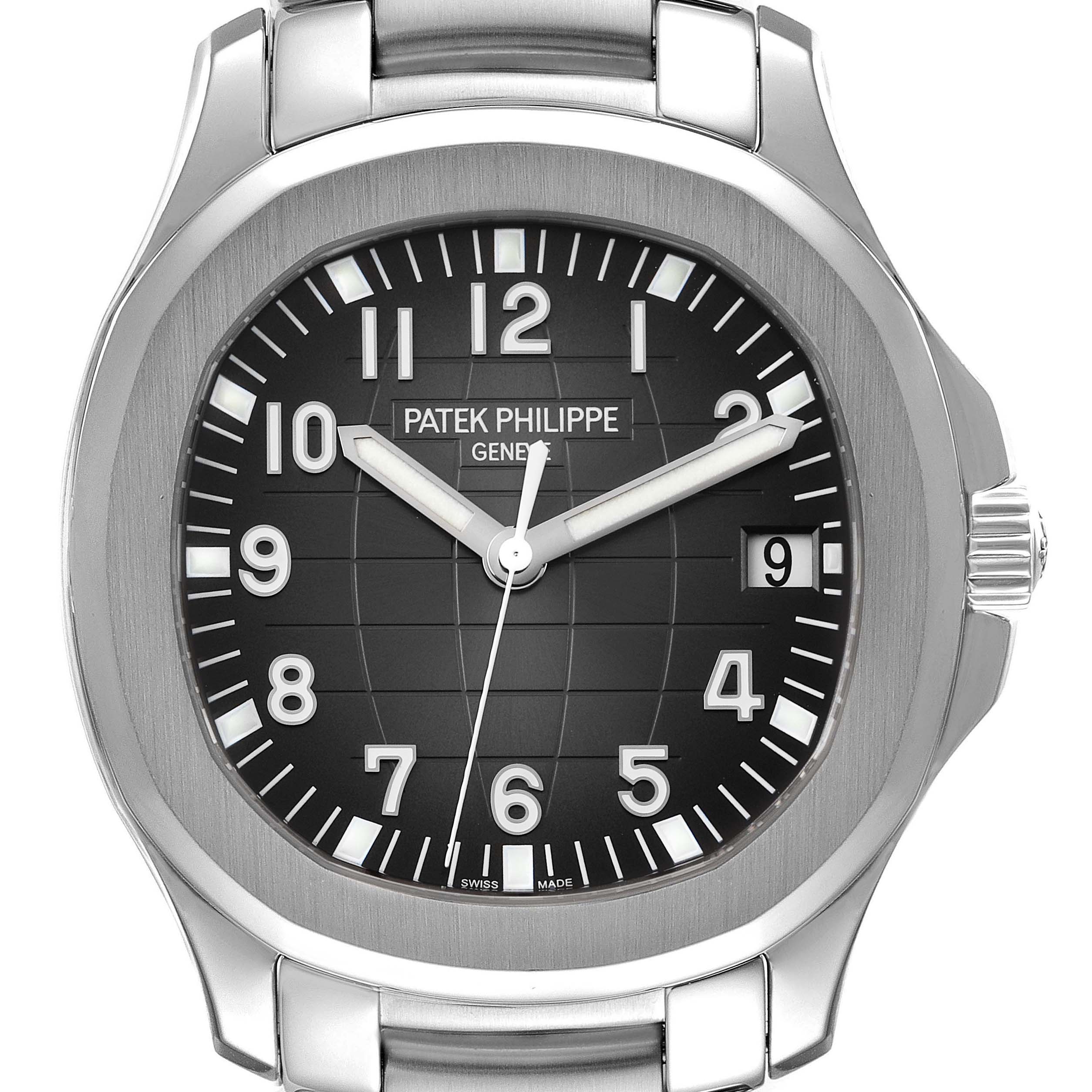 The image shows a frontal view of a Patek Philippe Aquanaut 5167/1A-001 Men's Stainless Steel Black Dial 5167/1A-001 Men's Stainless Steel Black Dial watch, focusing on the dial, bezel, and part of the stainless steel bracelet.