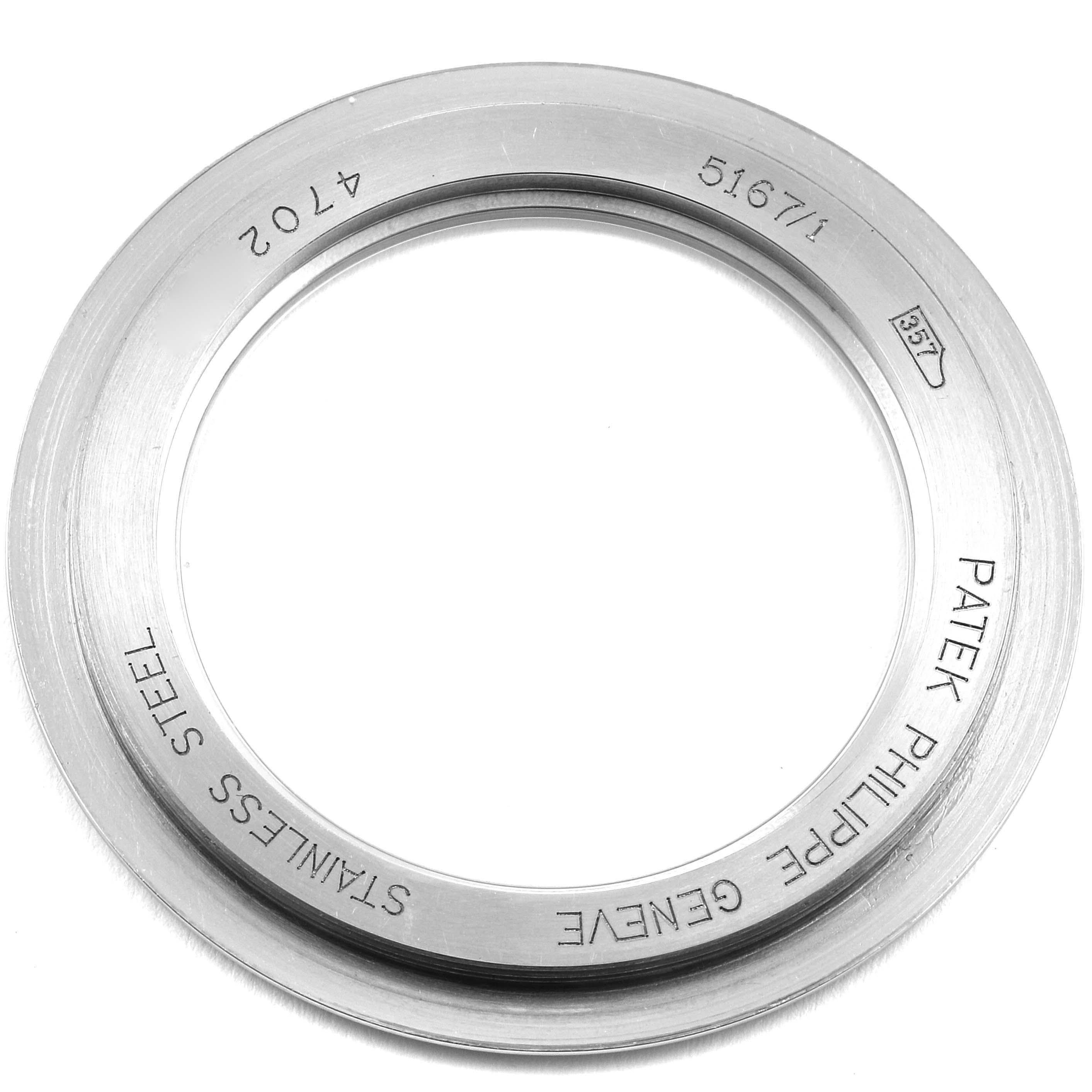 The image shows a stainless steel case back ring for a Patek Philippe Aquanaut 5167/1A-001 Men's Stainless Steel Black Dial 5167/1A-001 Men's Stainless Steel Black Dial, model 5167/1, viewed from above.